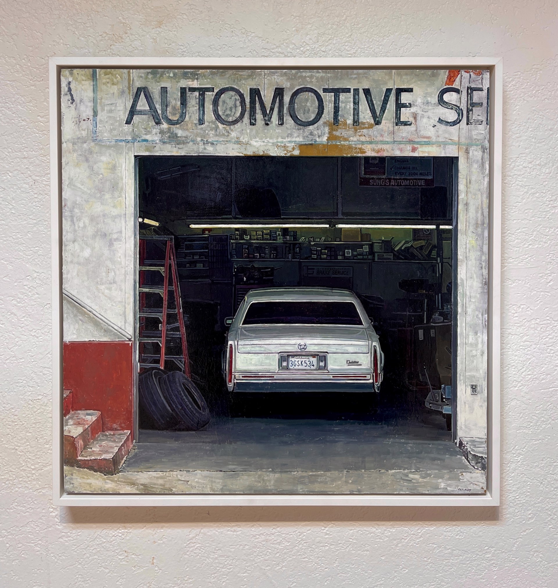A realistic painting of a white sedan parked inside an open garage with visible signage above.