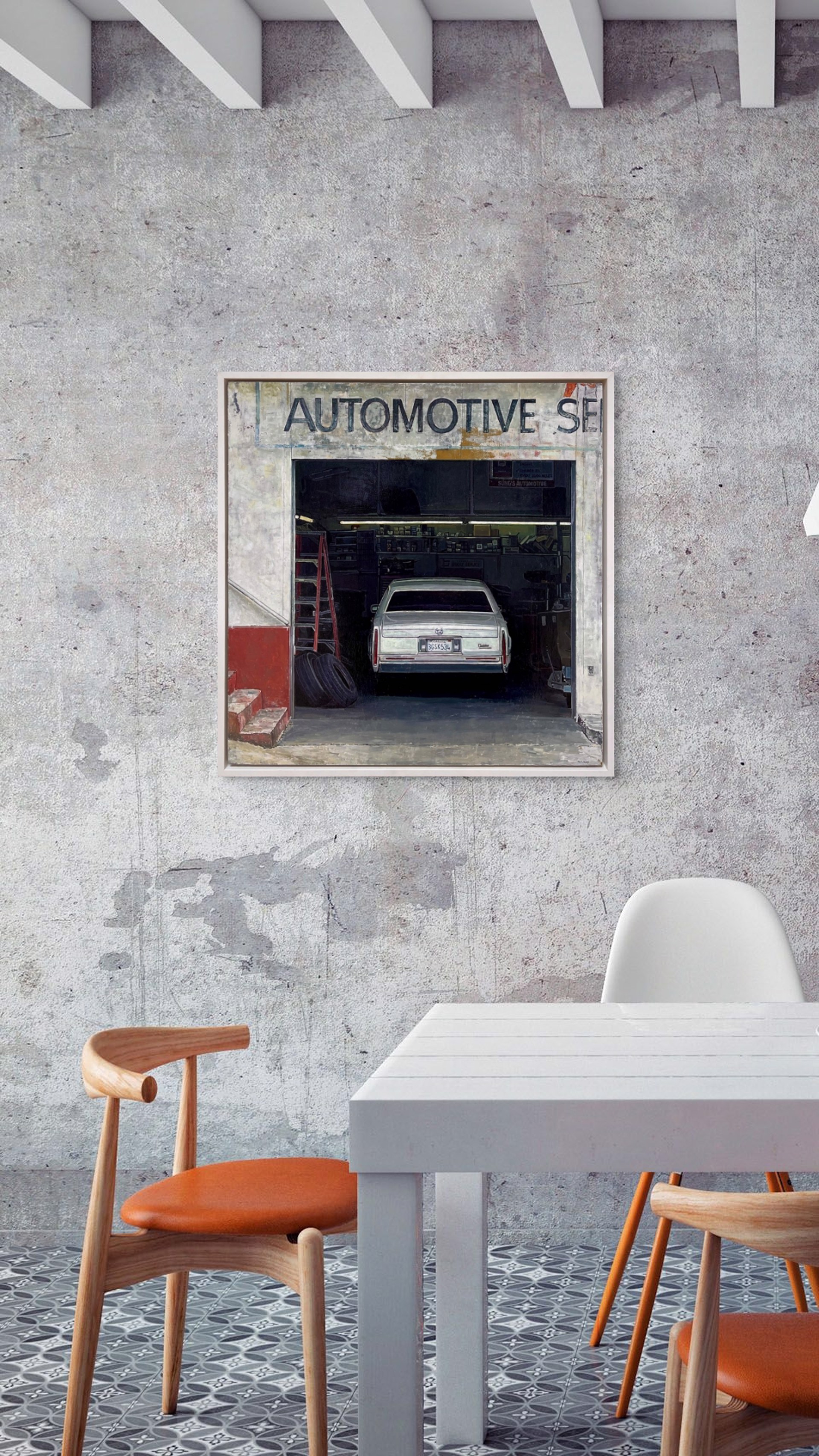 A realistic painting of a white sedan parked inside an open garage with visible signage above.