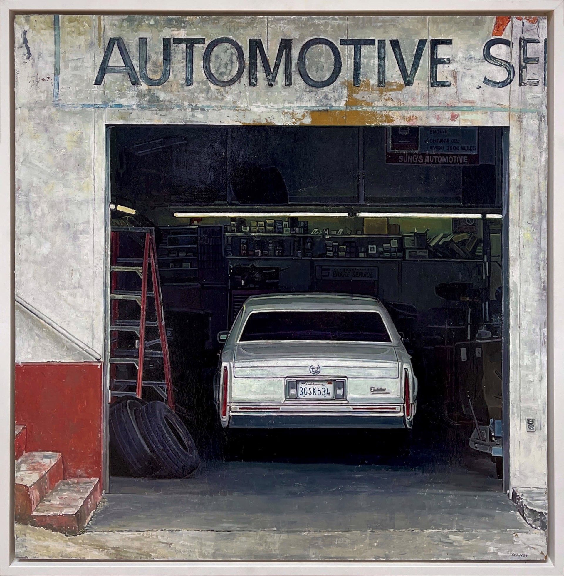 A realistic painting of a white sedan parked inside an open garage with visible signage above.