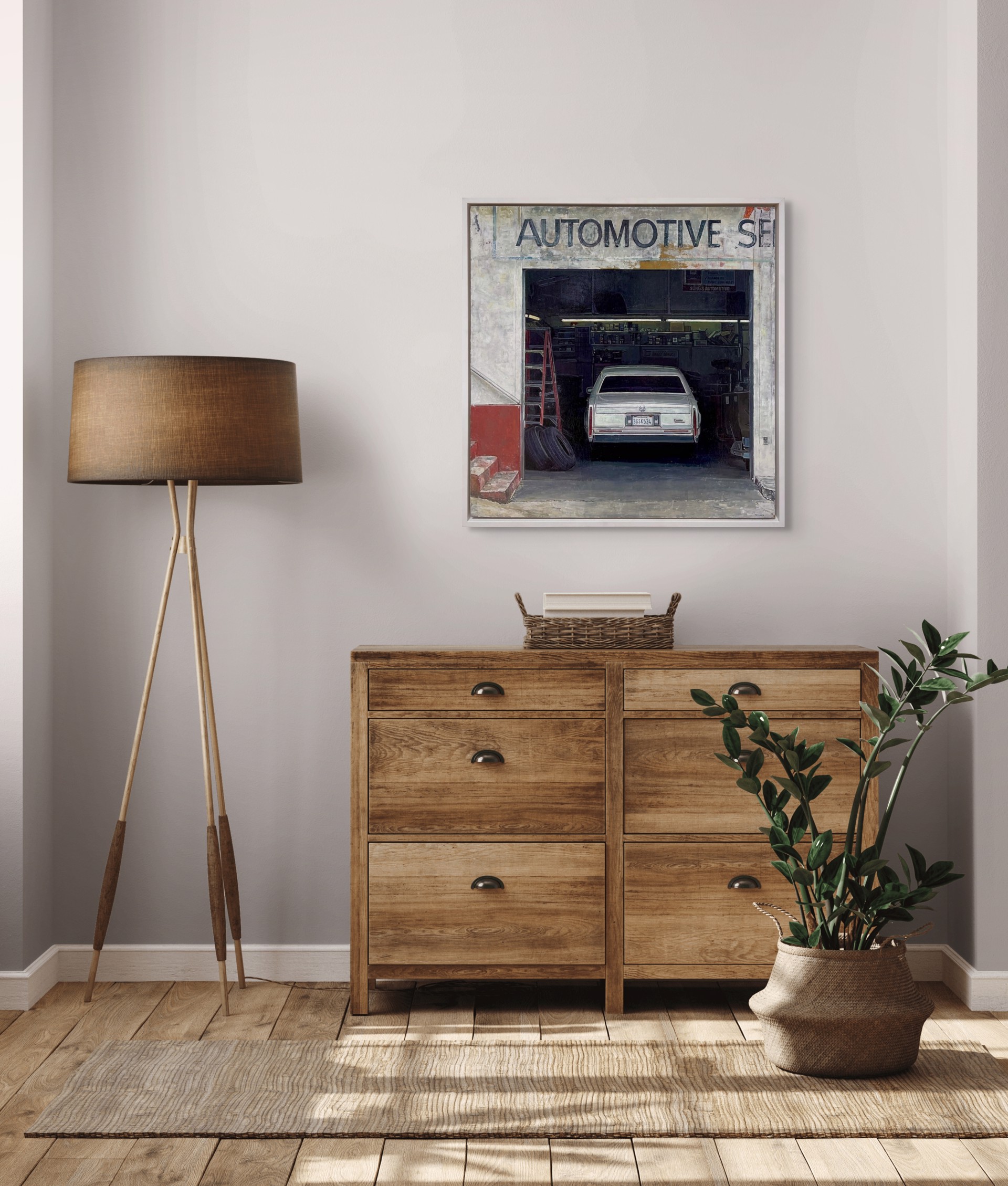 A realistic painting of a white sedan parked inside an open garage with visible signage above.
