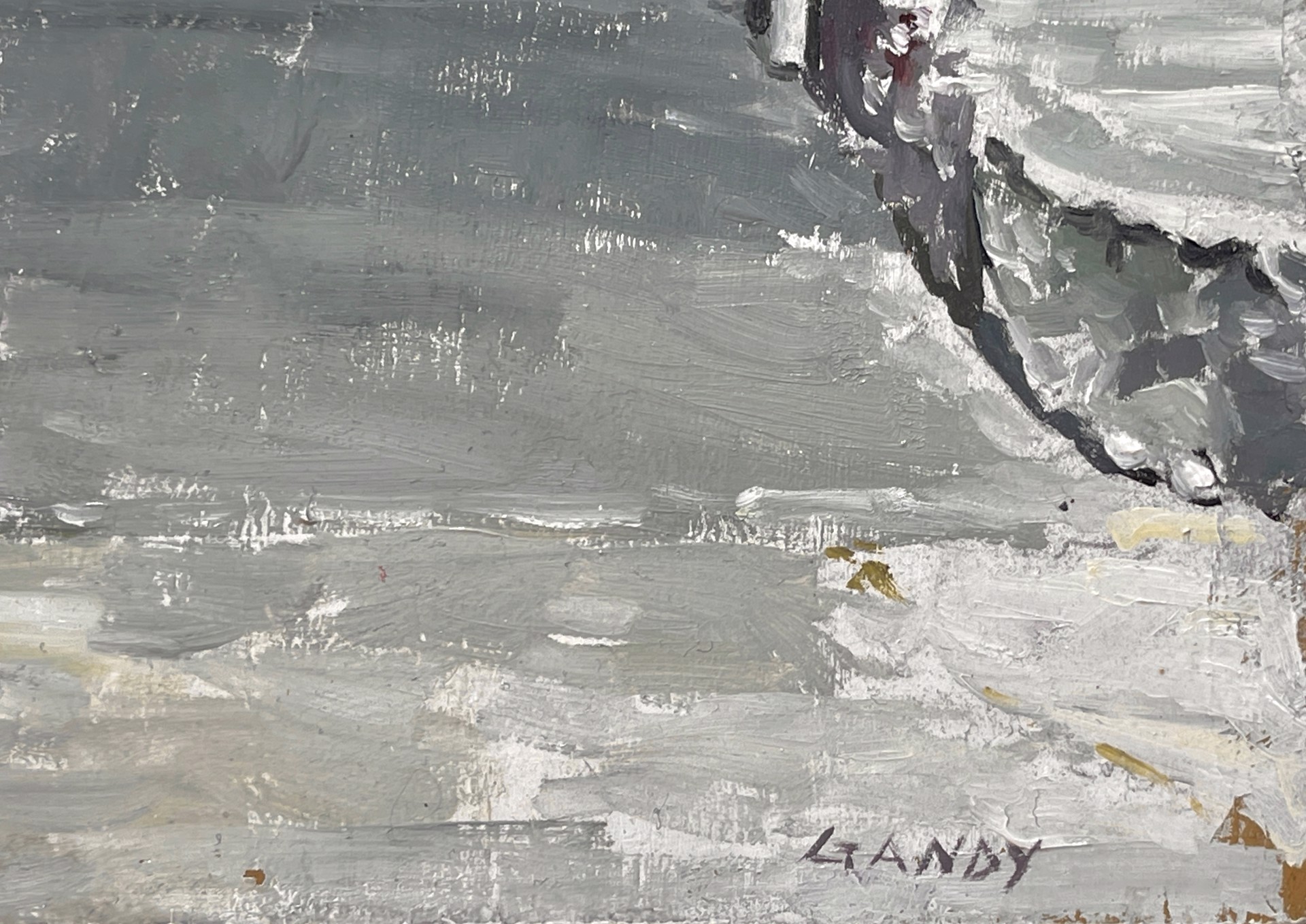 A realistic painting of a white sedan parked inside an open garage with visible signage above.