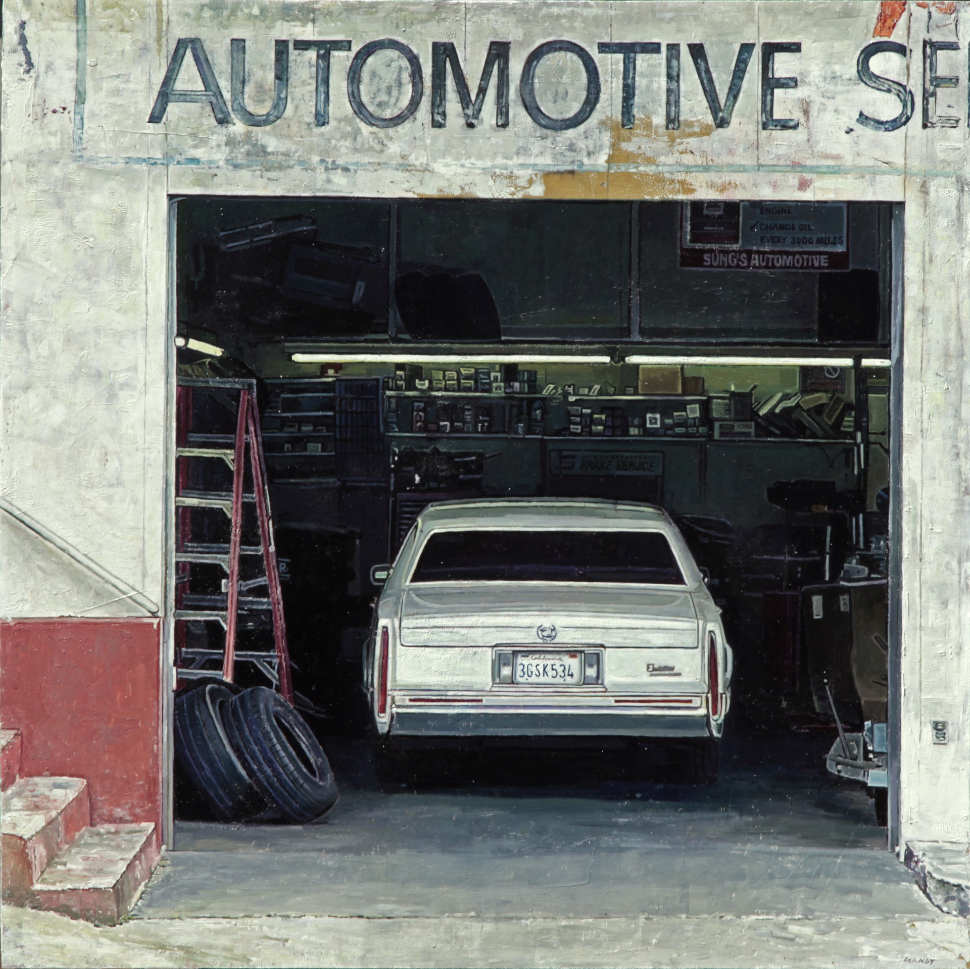 A realistic painting of a white sedan parked inside an open garage with visible signage above.