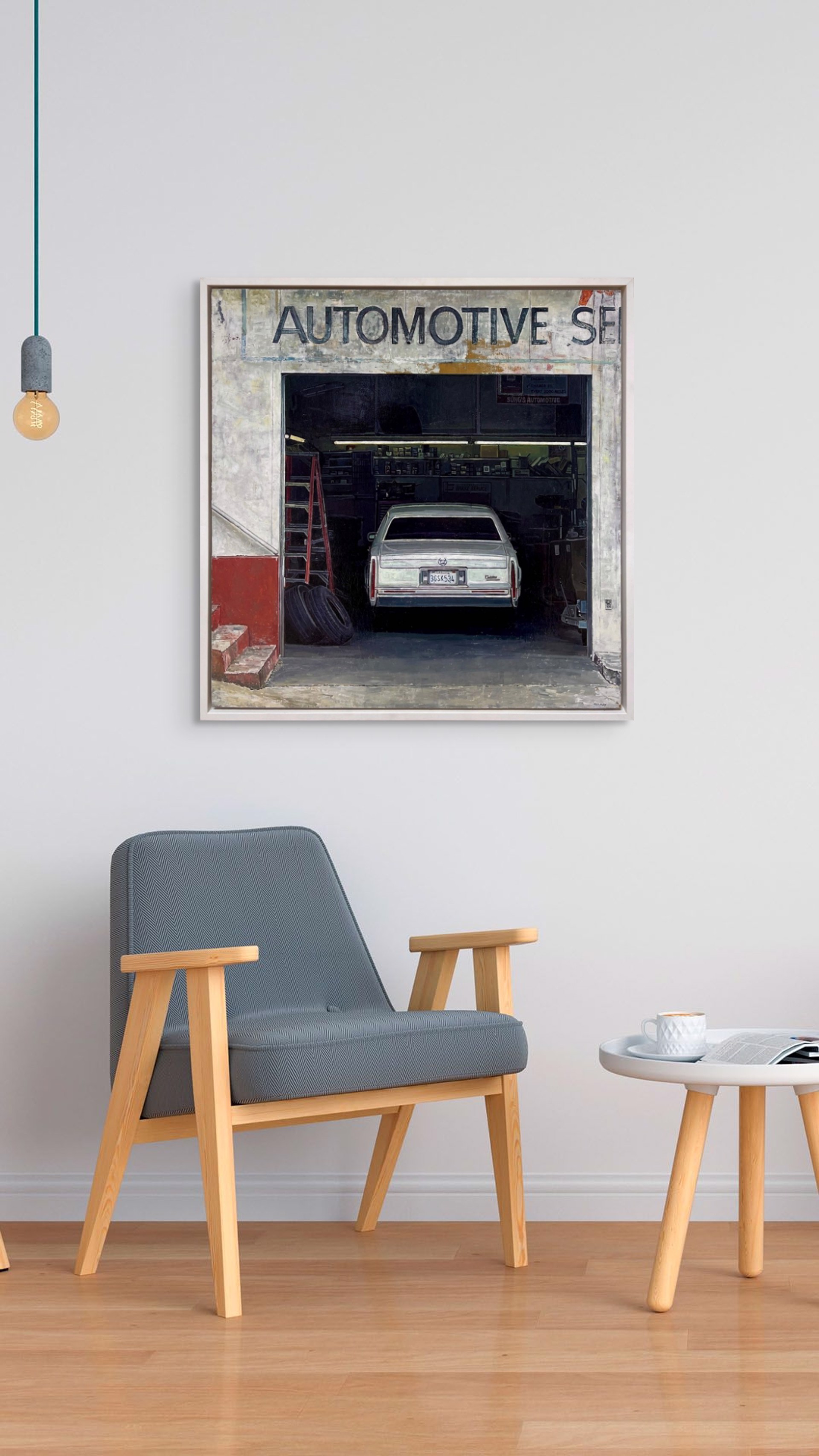 A realistic painting of a white sedan parked inside an open garage with visible signage above.
