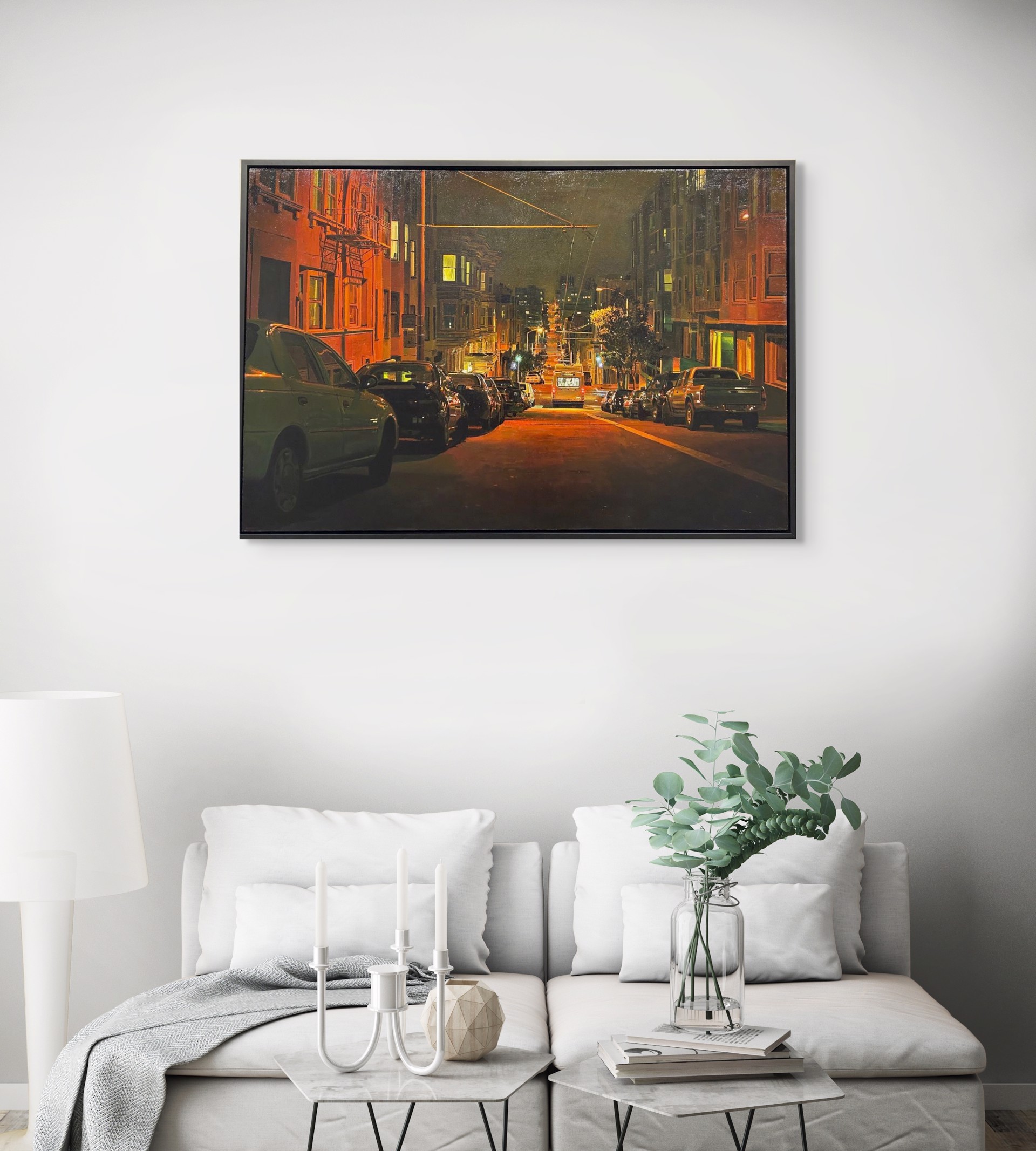 A painting of a city street at night with cars parked on the side of the road.