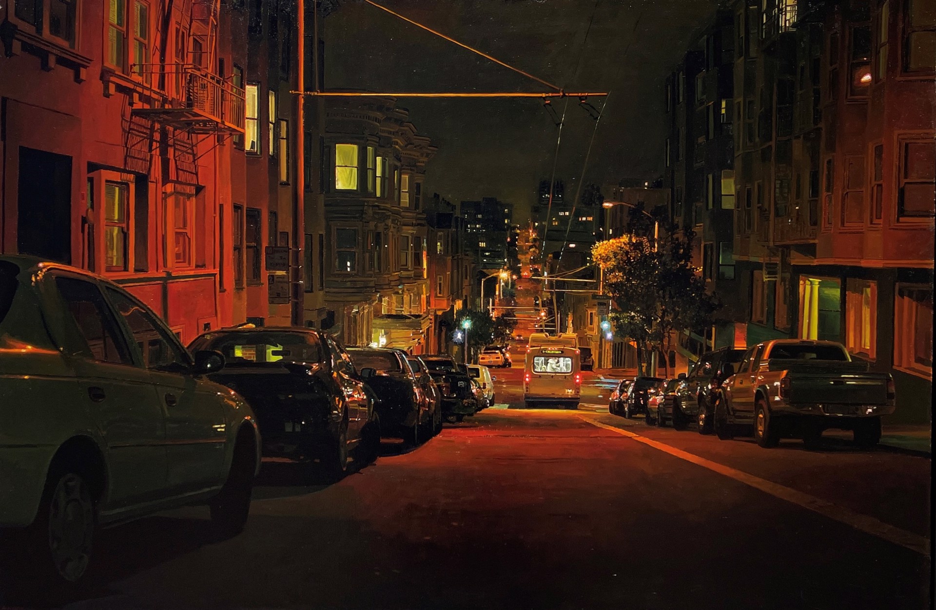 A painting of a city street at night with cars parked on the side of the road.