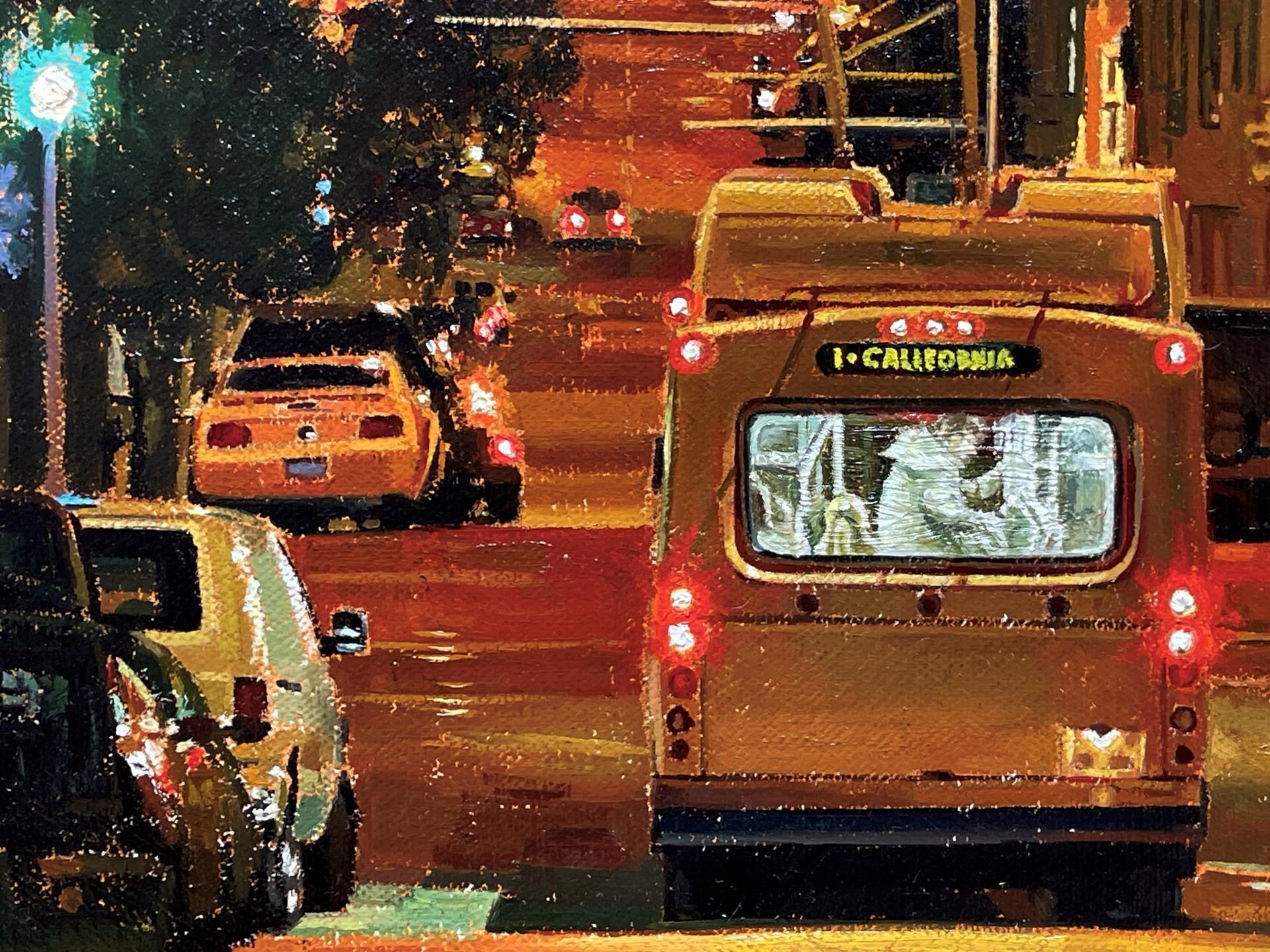 A painting of a city street at night with cars parked on the side of the road.