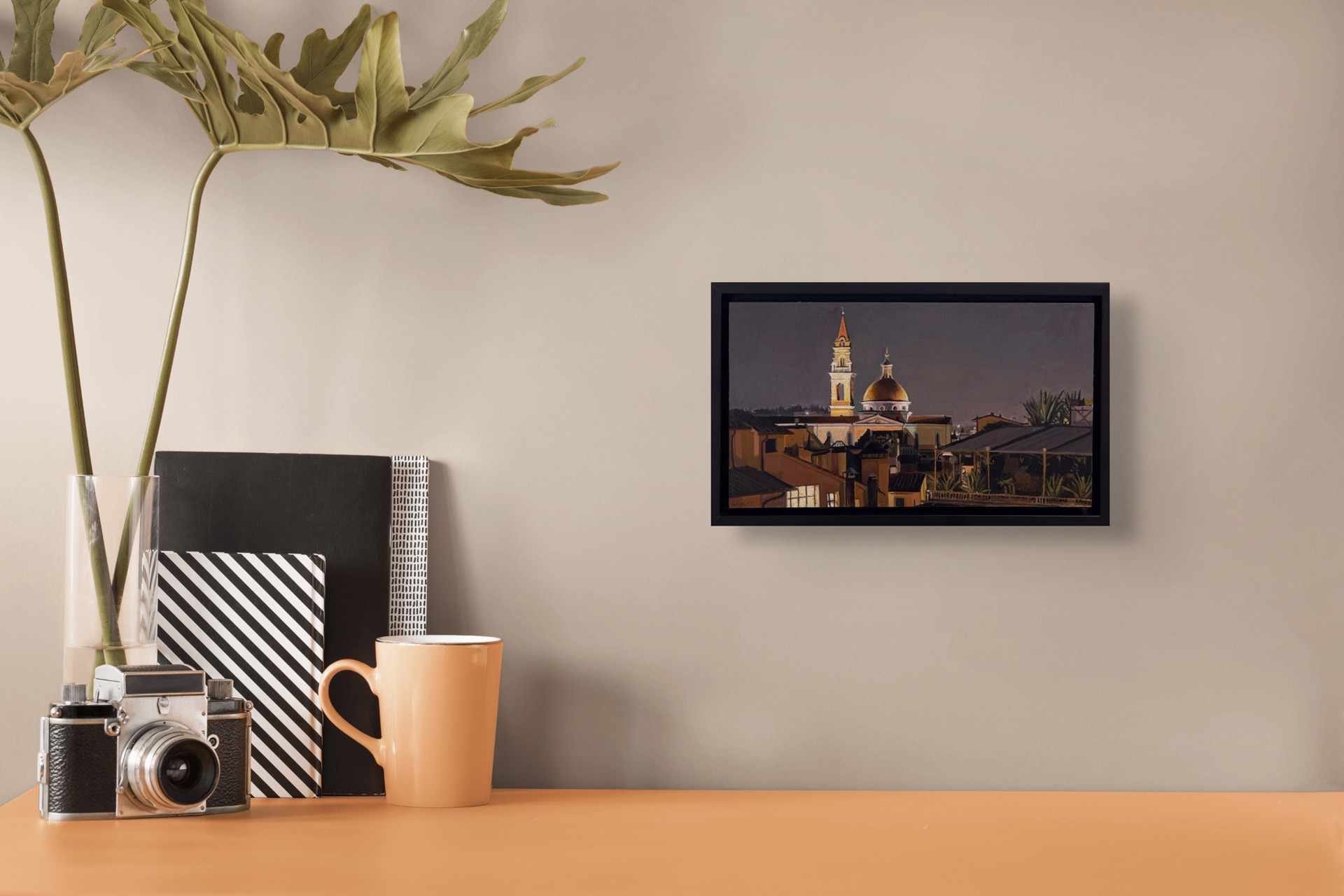 A painting of a city at night with a church in the background.