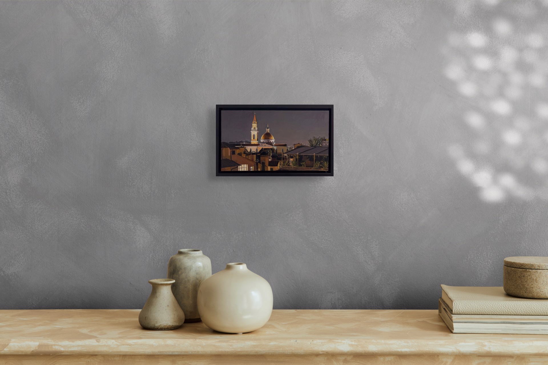 A painting of a city at night with a church in the background.