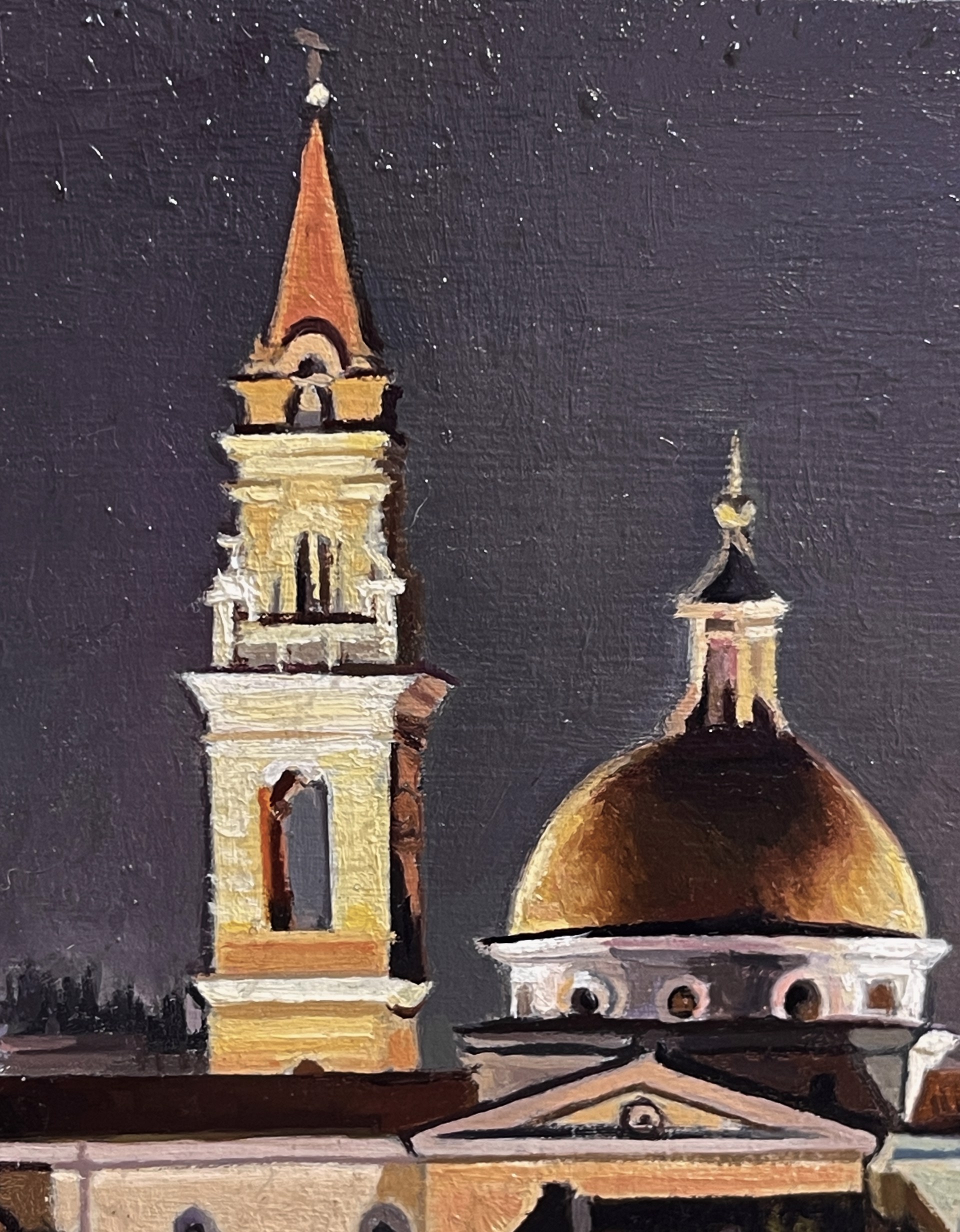 A painting of a city at night with a church in the background.