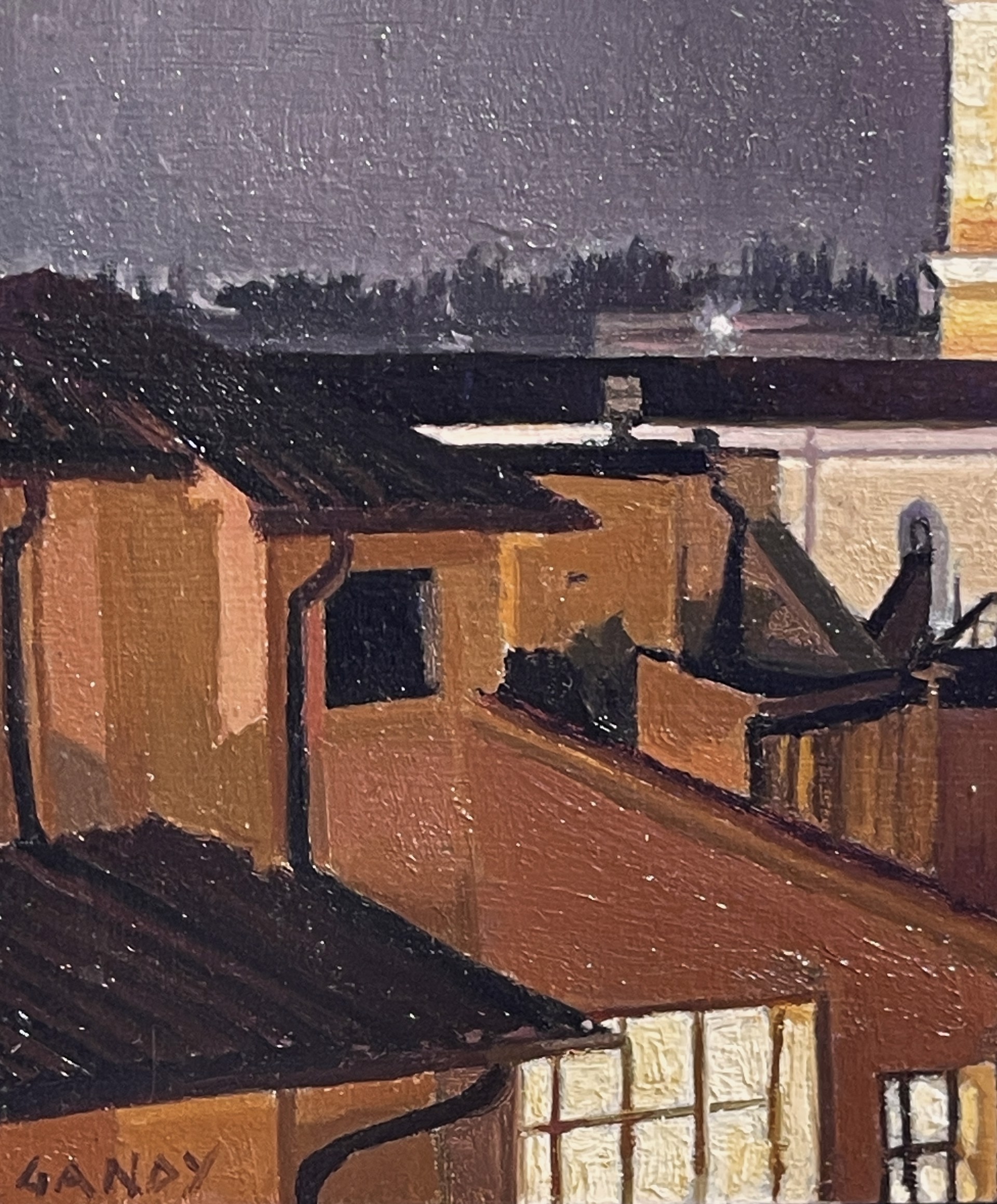 A painting of a city at night with a church in the background.