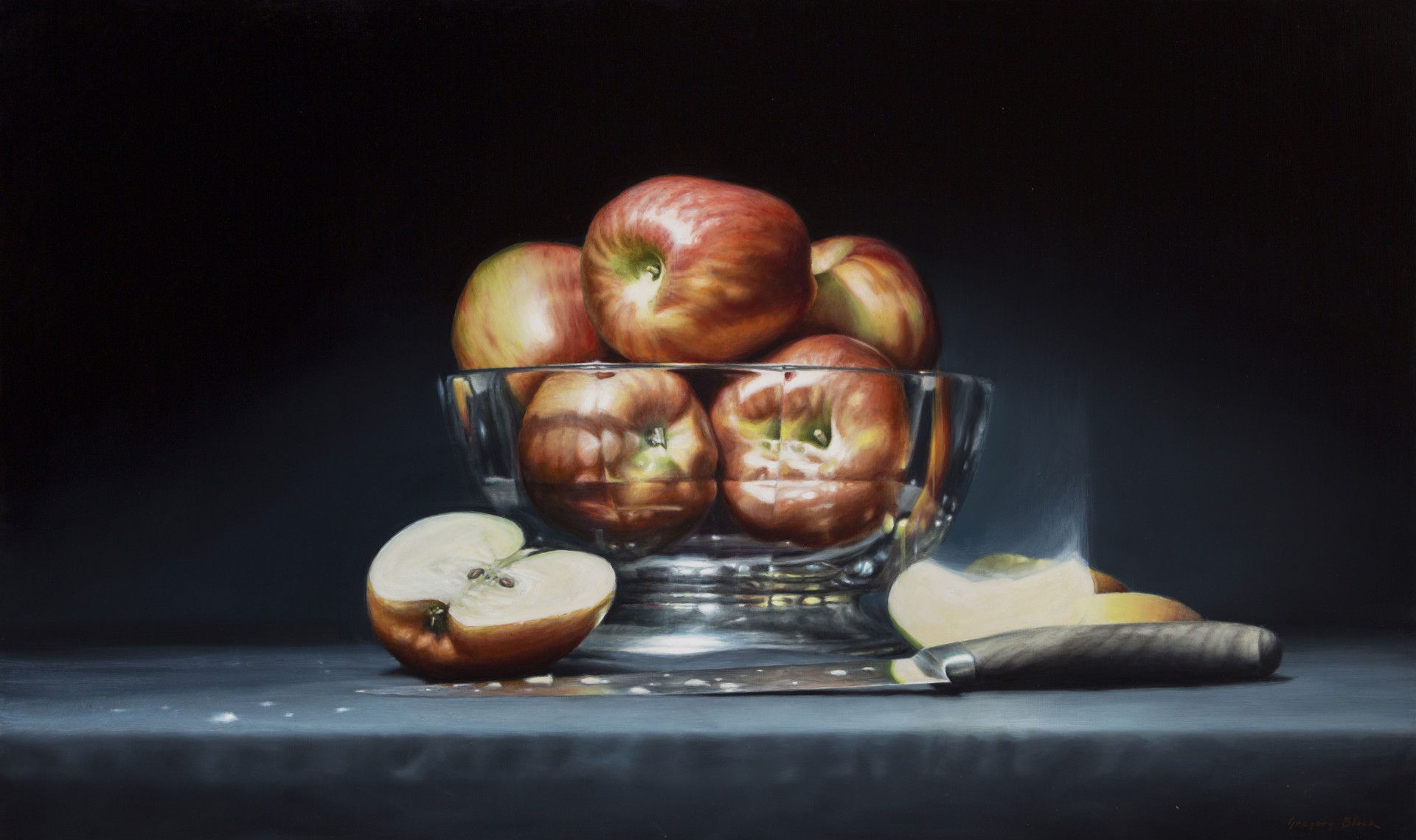 A painting of apples in a glass bowl with a knife.
