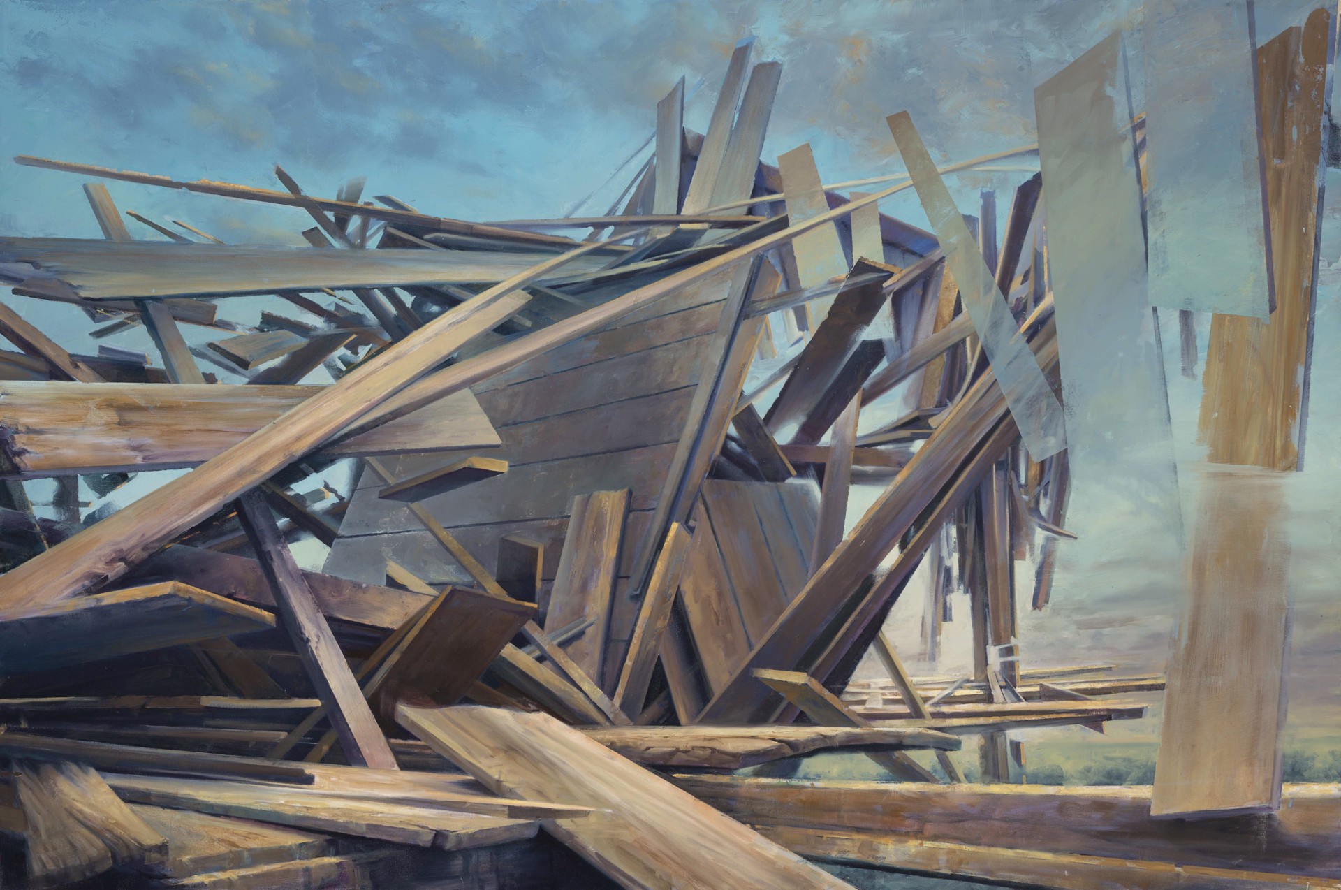 A painting of a pile of wood on a beach.