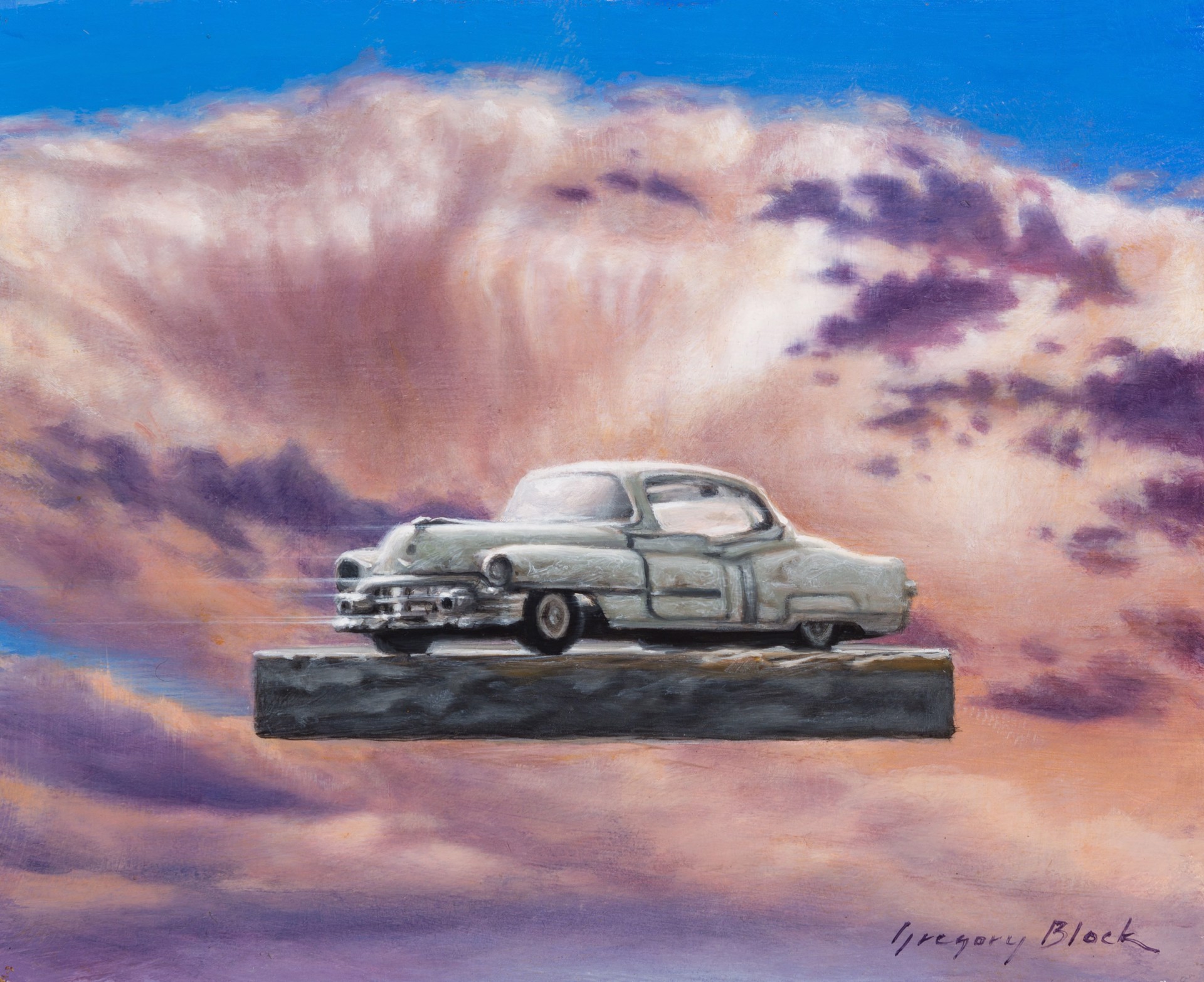 A painting of an old car sitting on top of a wooden block.