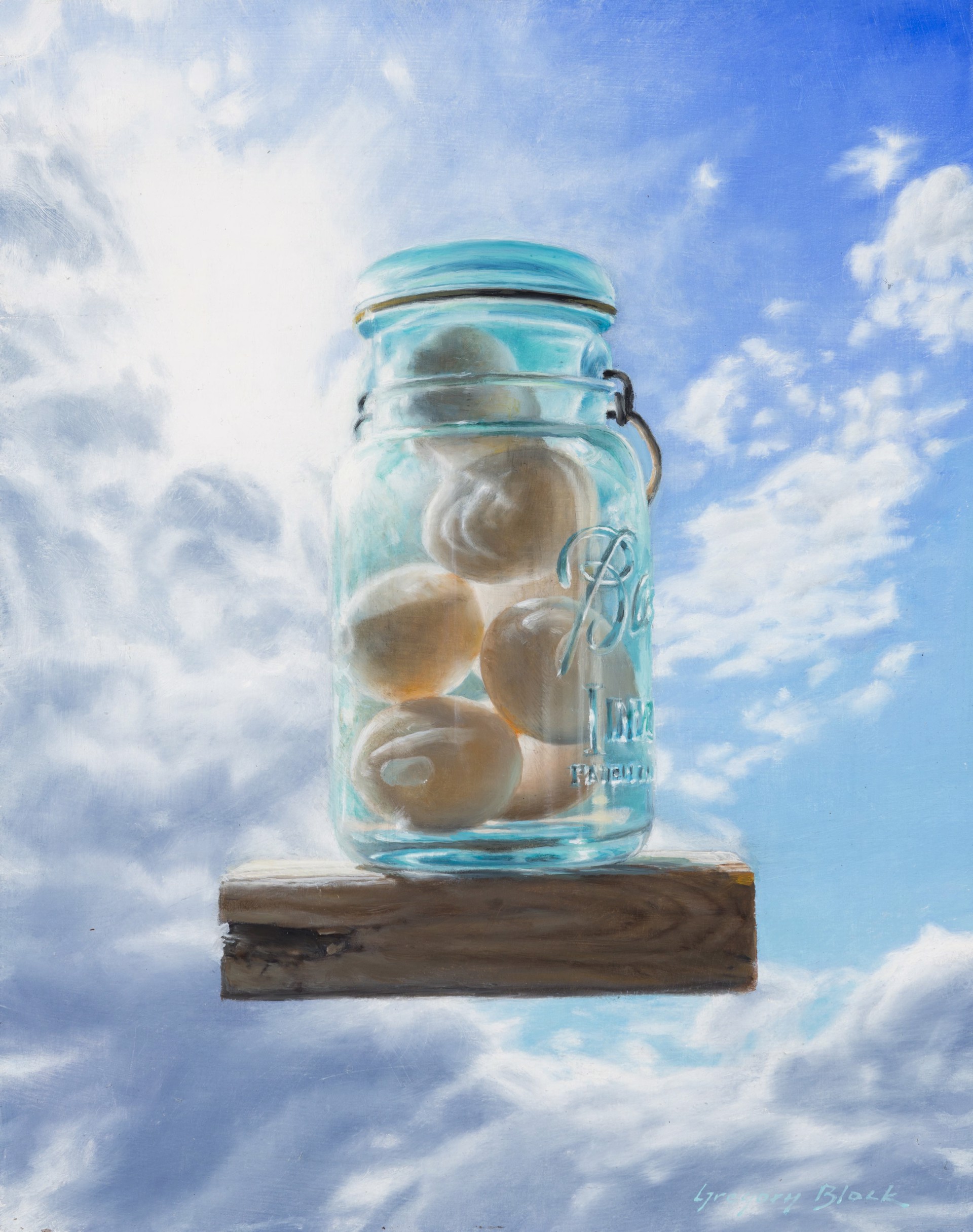 A painting of a glass jar filled with eggs on a wooden post.