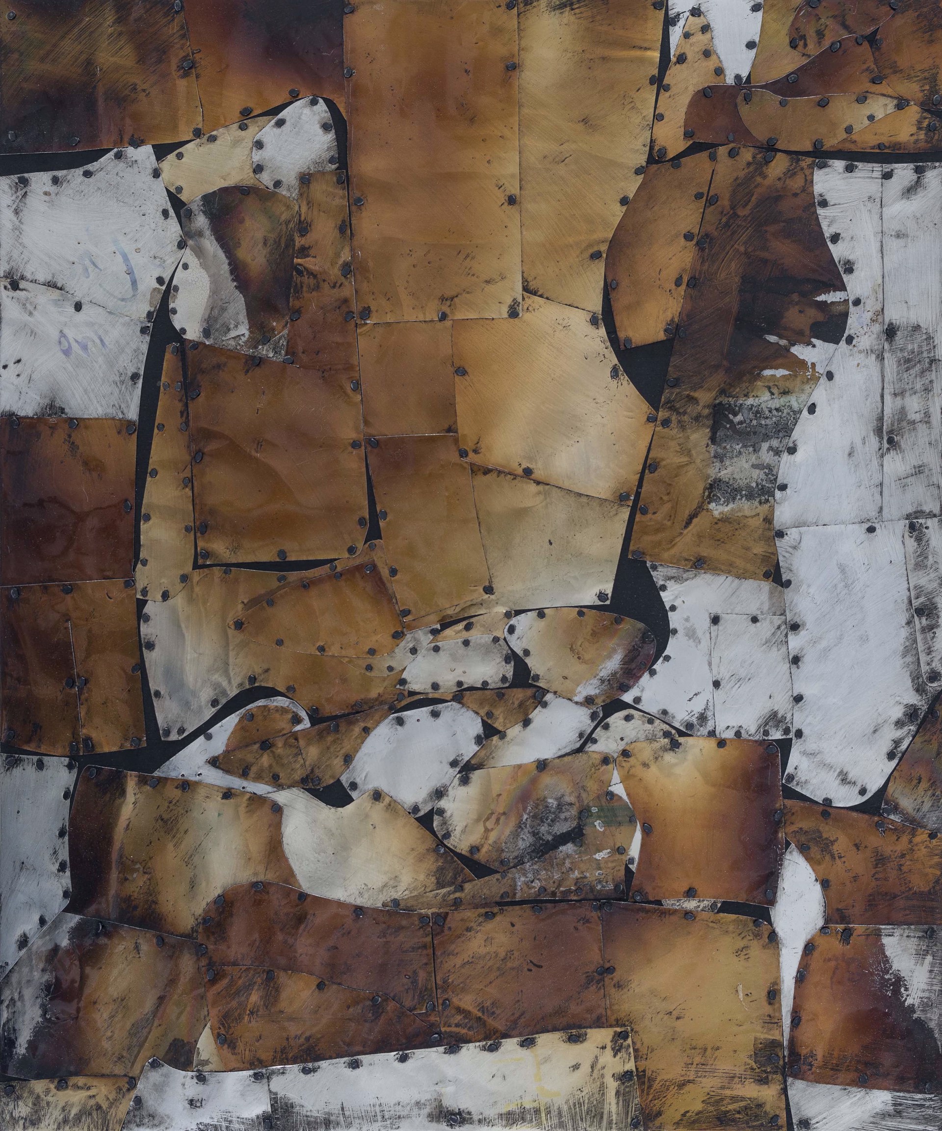 A painting of a piece of metal with a lot of rust on it.