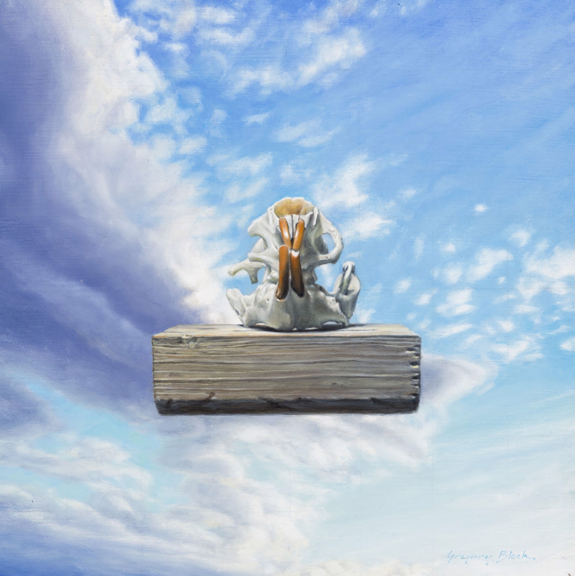 A painting of a statue sitting on top of a book.