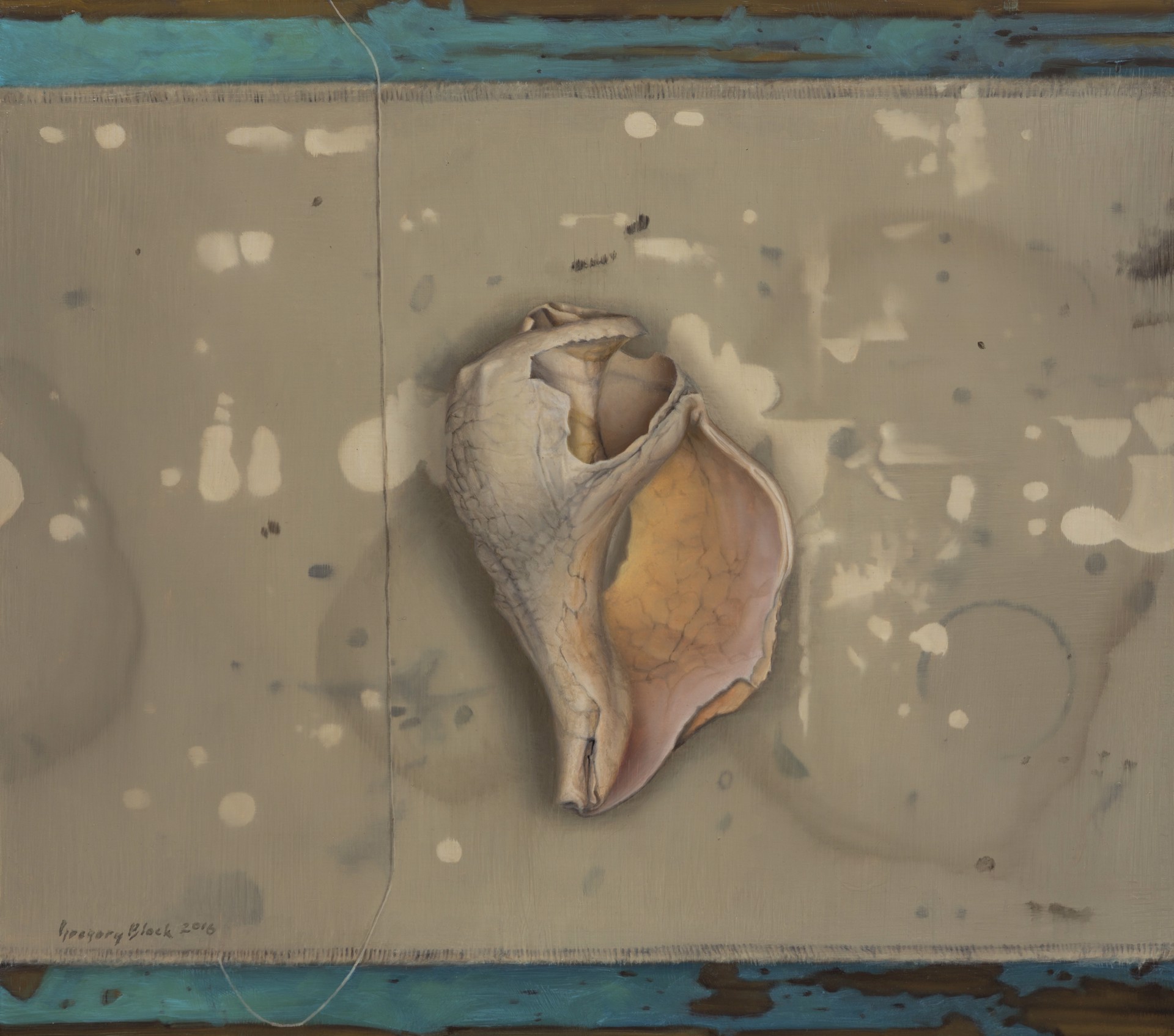 A painting of a shell on a piece of paper.