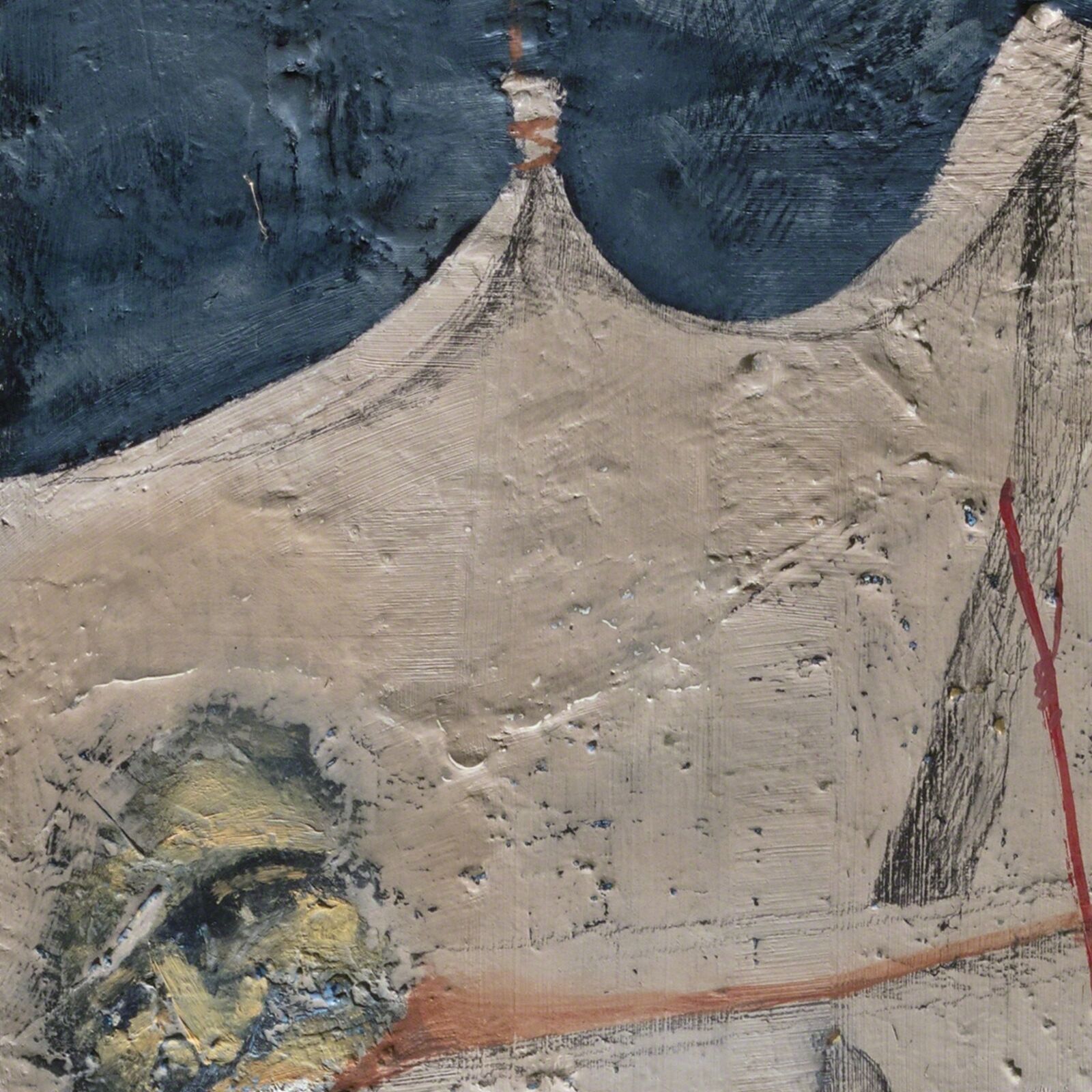 A painting of two people looking at an apple hanging from a string.