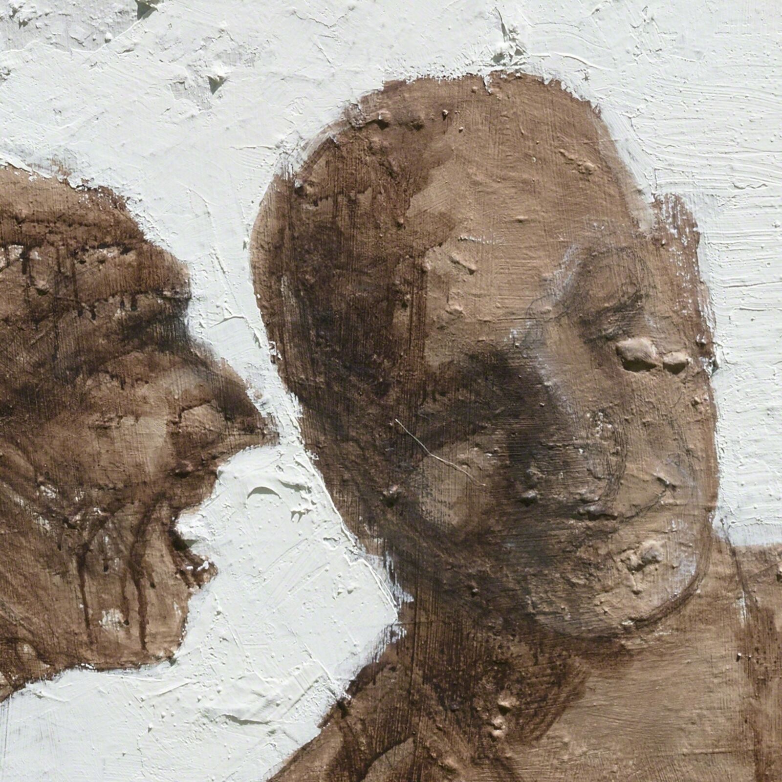 A painting of two people looking at an apple hanging from a string.