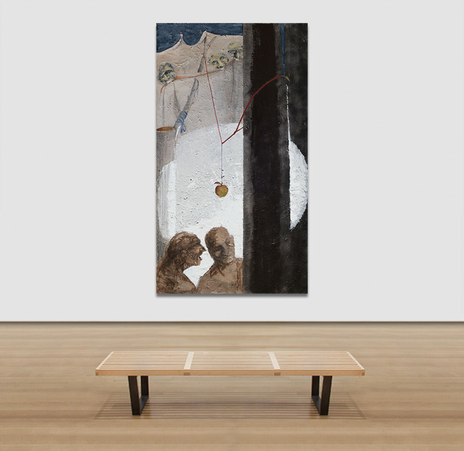 A painting of two people looking at an apple hanging from a string.
