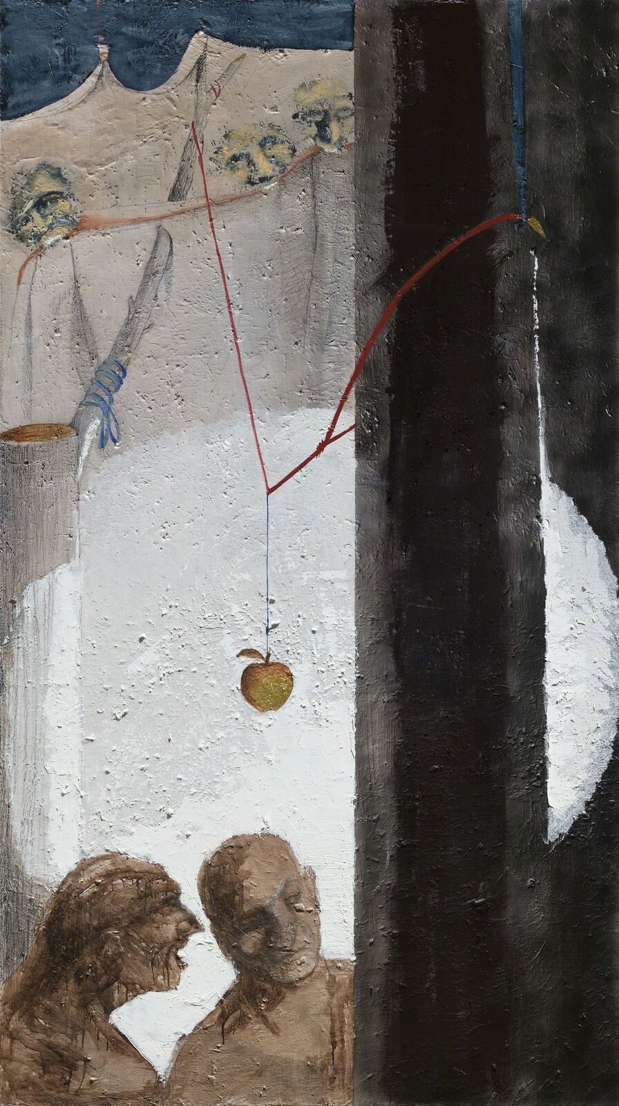 A painting of two people looking at an apple hanging from a string.