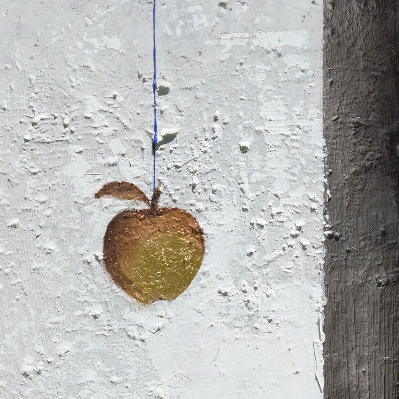 A painting of two people looking at an apple hanging from a string.