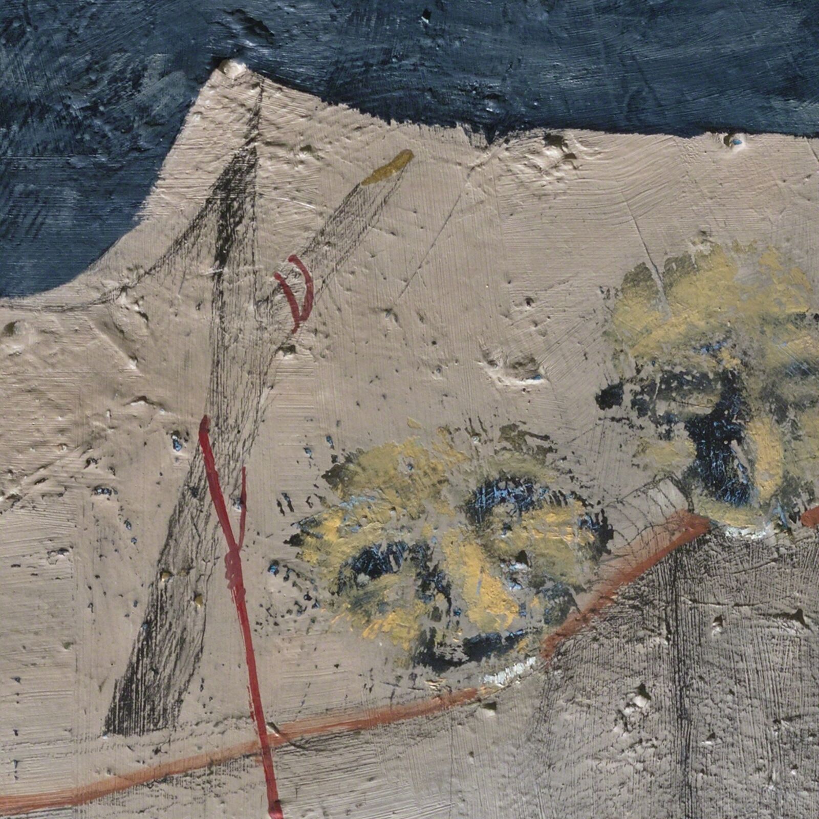 A painting of two people looking at an apple hanging from a string.