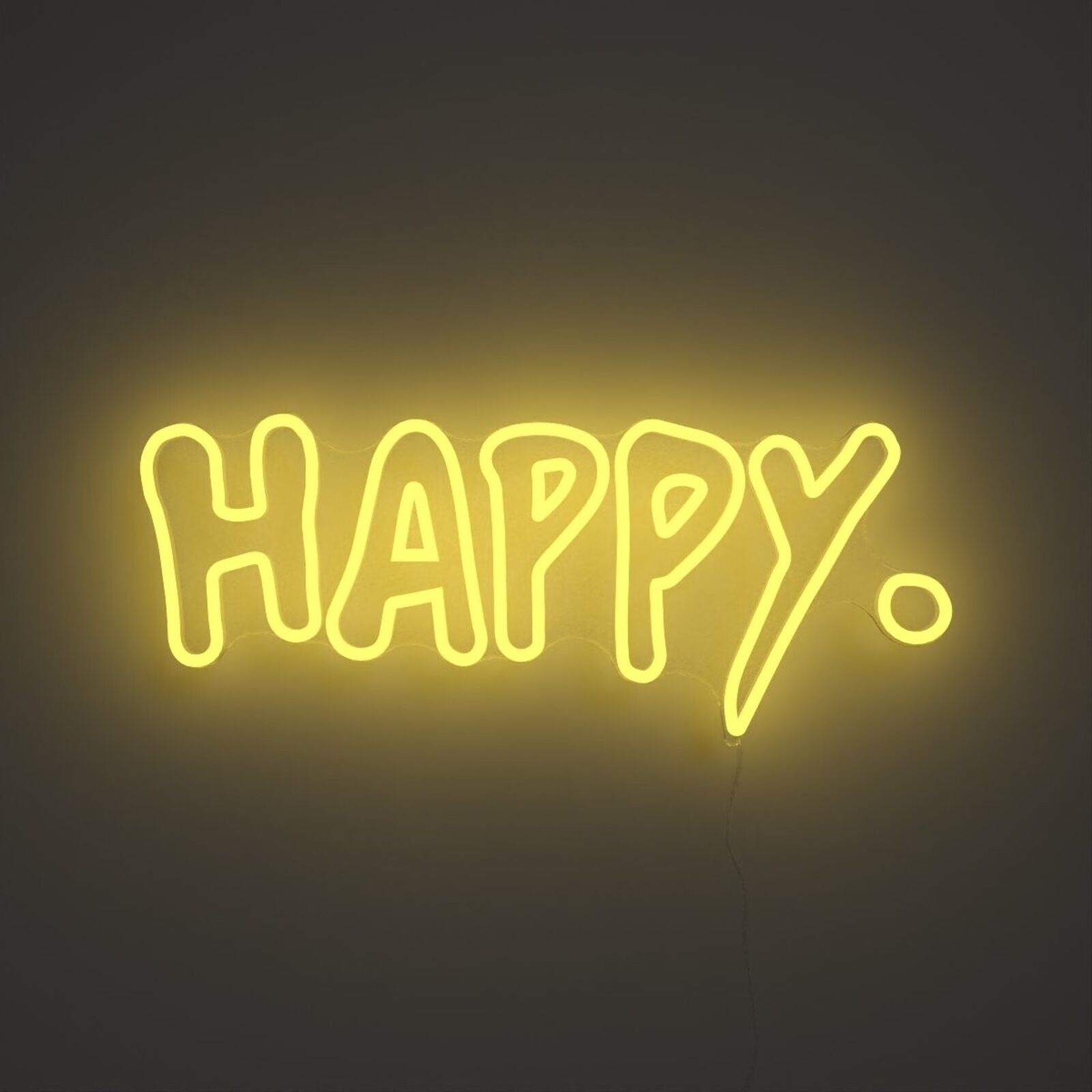 A yellow neon sign that says "HAPPY" on a black background.