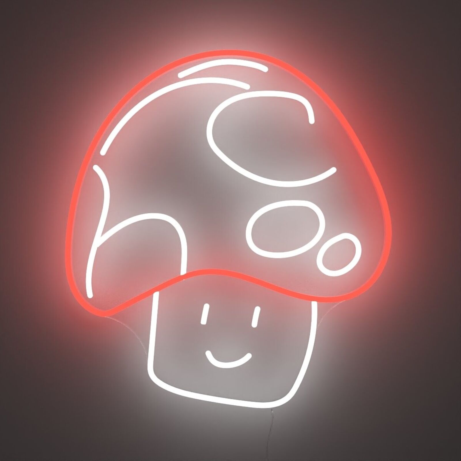 A red neon sign with a smiling mushroom on it.