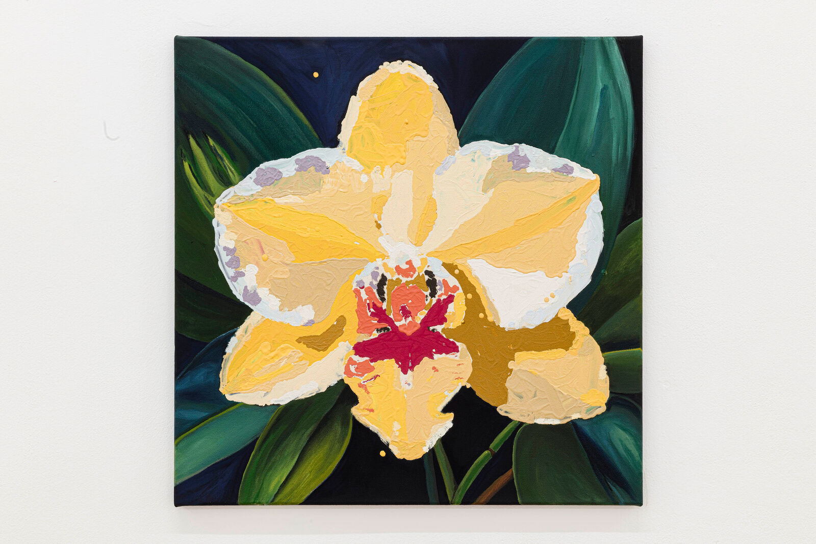 A thick-painted yellow orchid with a dark background.