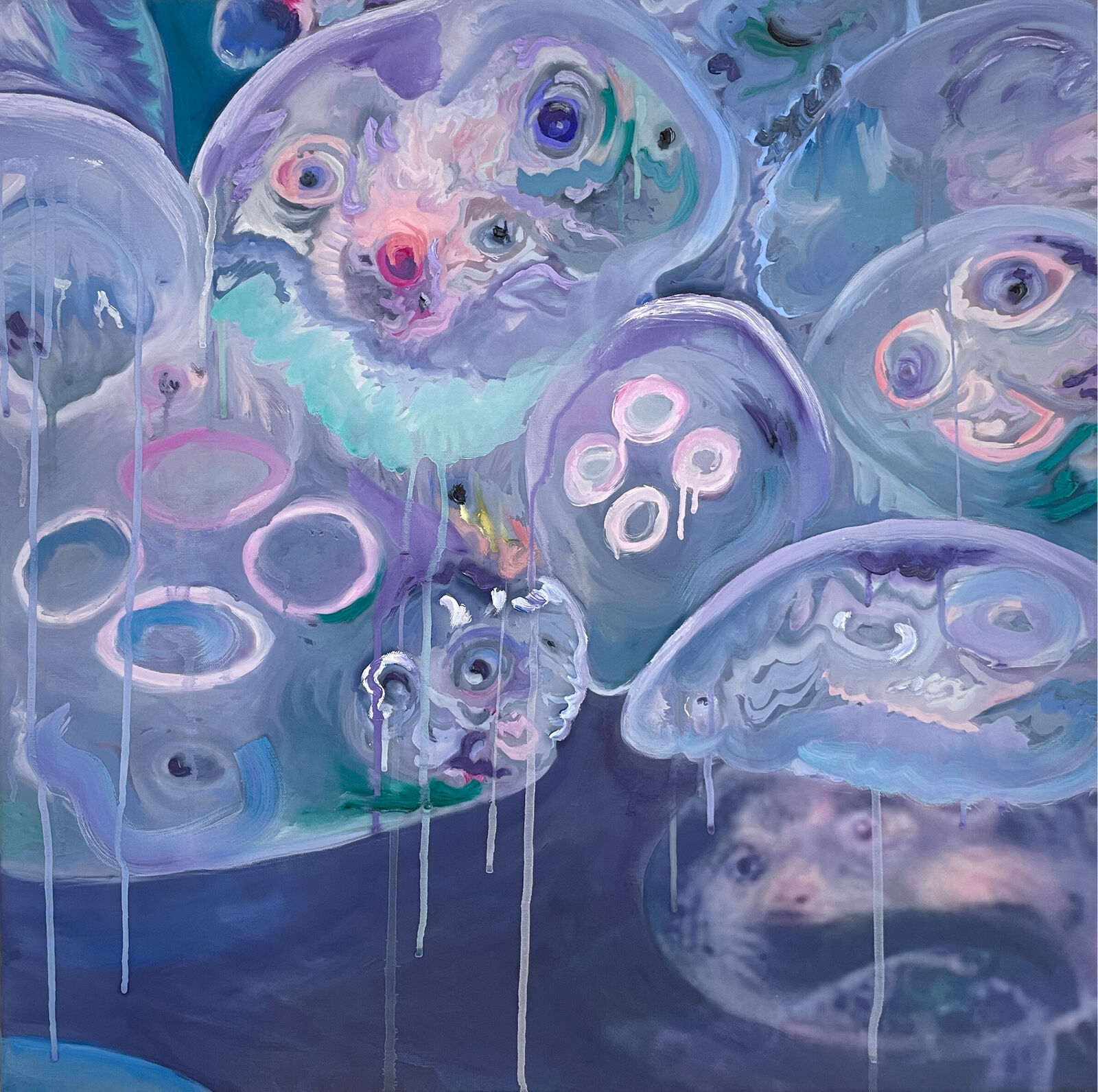 A painting of jellyfish floating in the water. 
