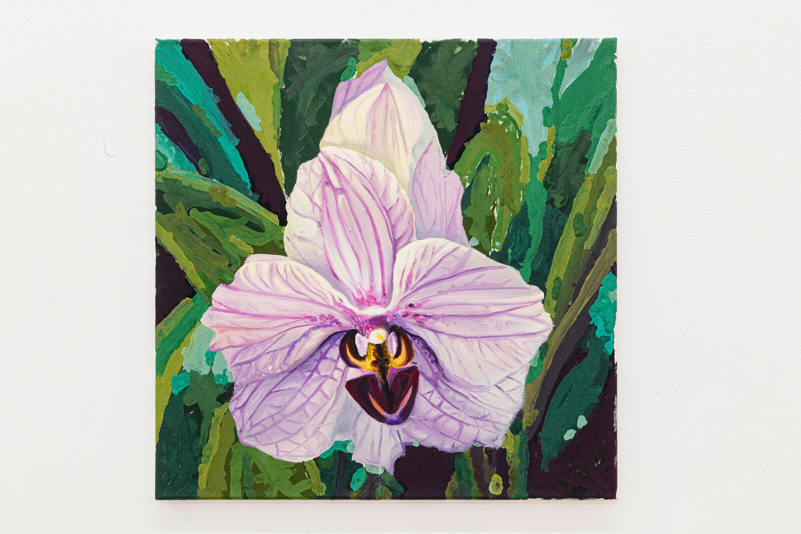 A vibrant oil painting of a blooming orchid with bold, textured brushwork.