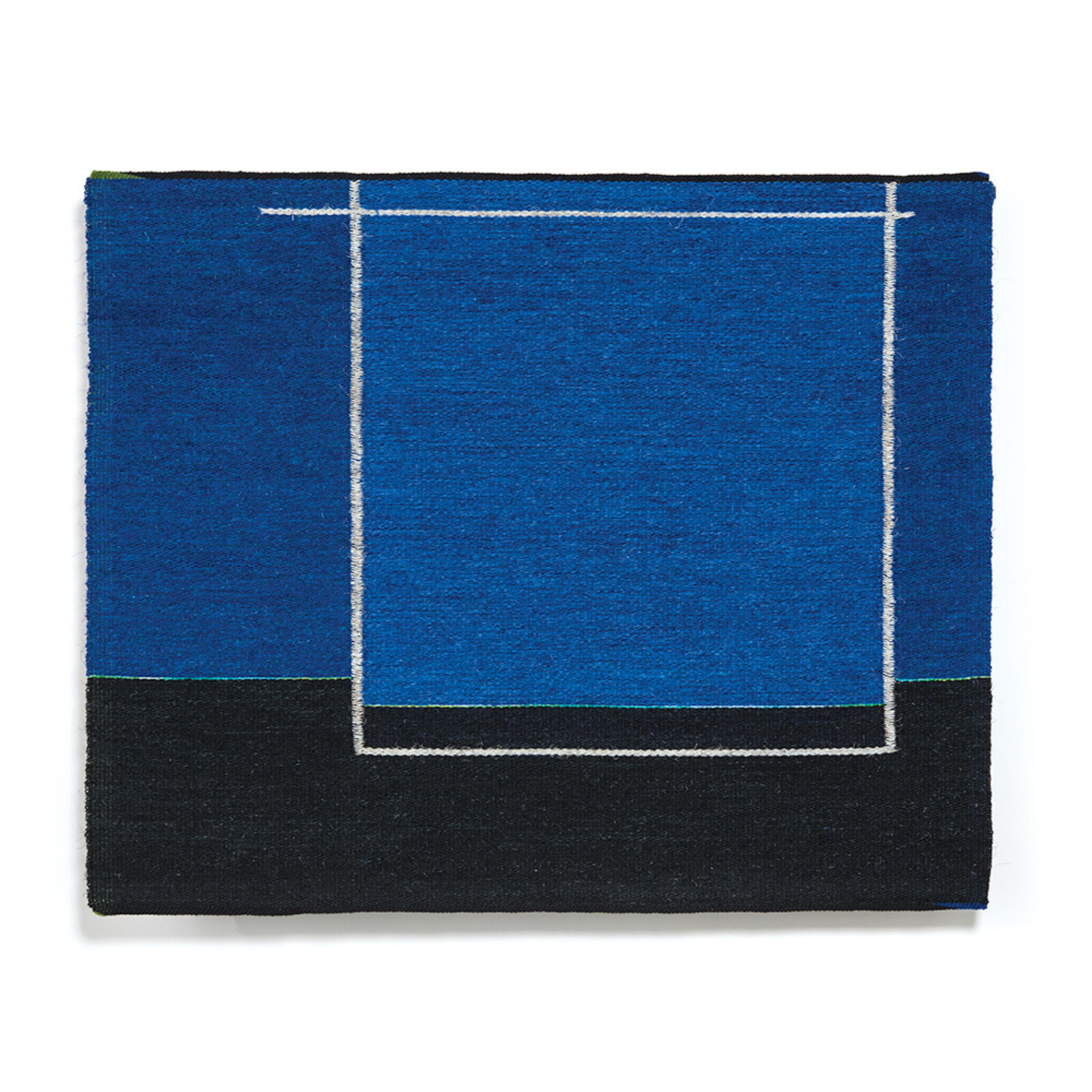 A blue and black rug with a square in the middle.