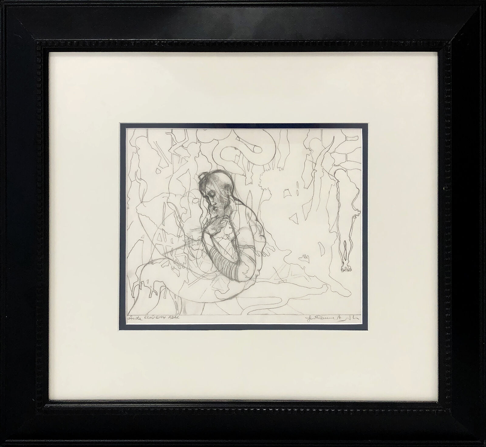 A drawing of a woman sitting on a rock in the woods.