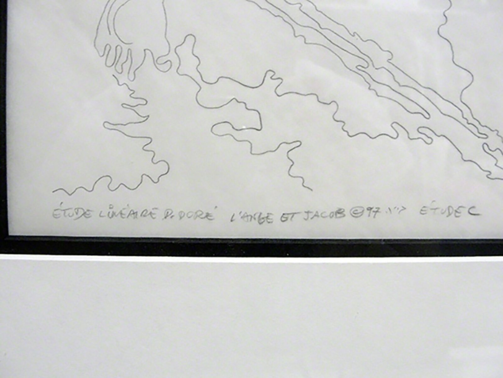 A black and white drawing of an angel holding a child.