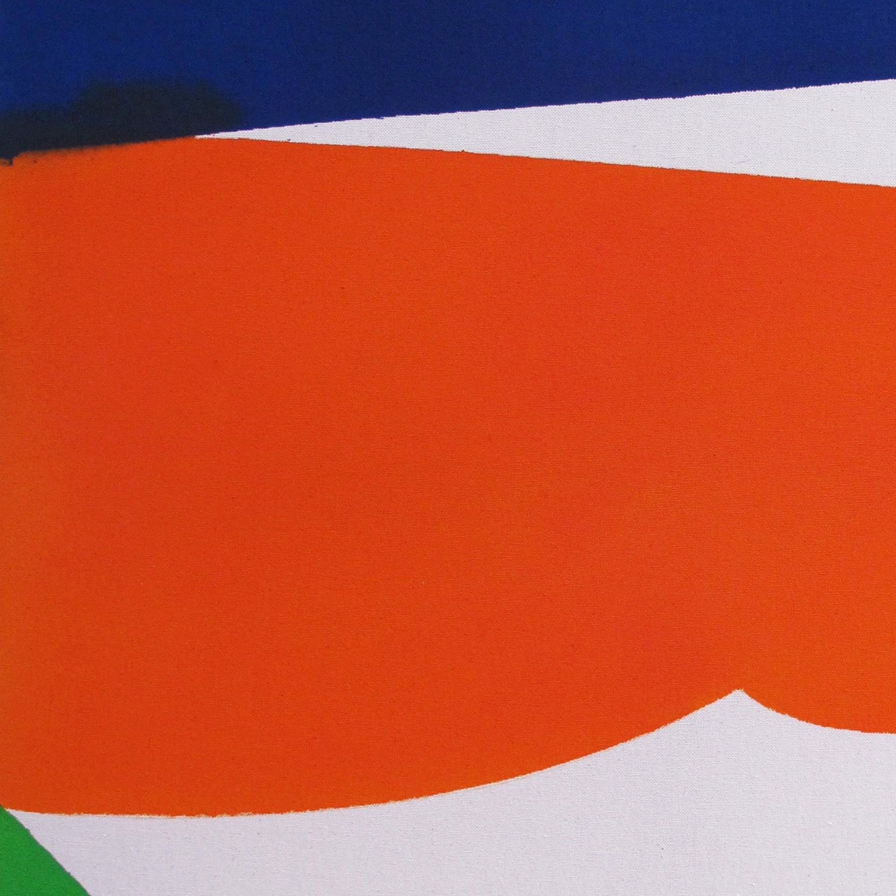 A blue, orange, green, and white painting on a white wall.