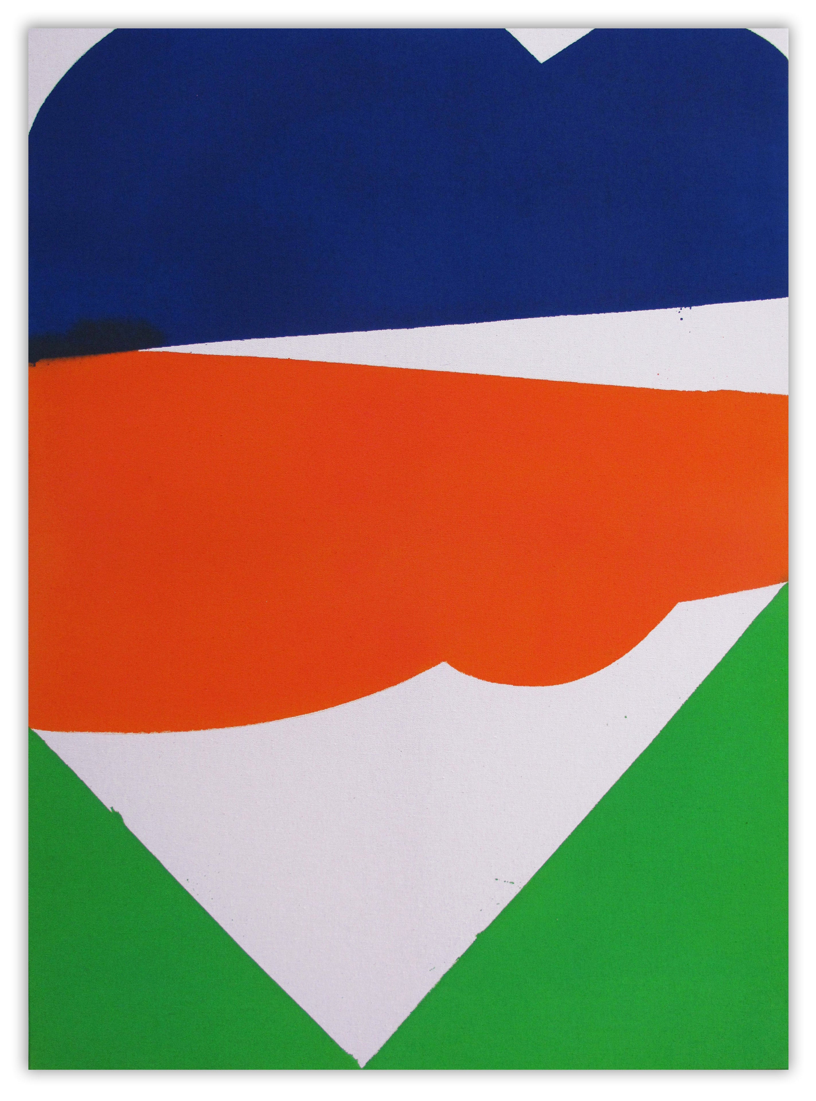 A blue, orange, green, and white painting on a white wall.