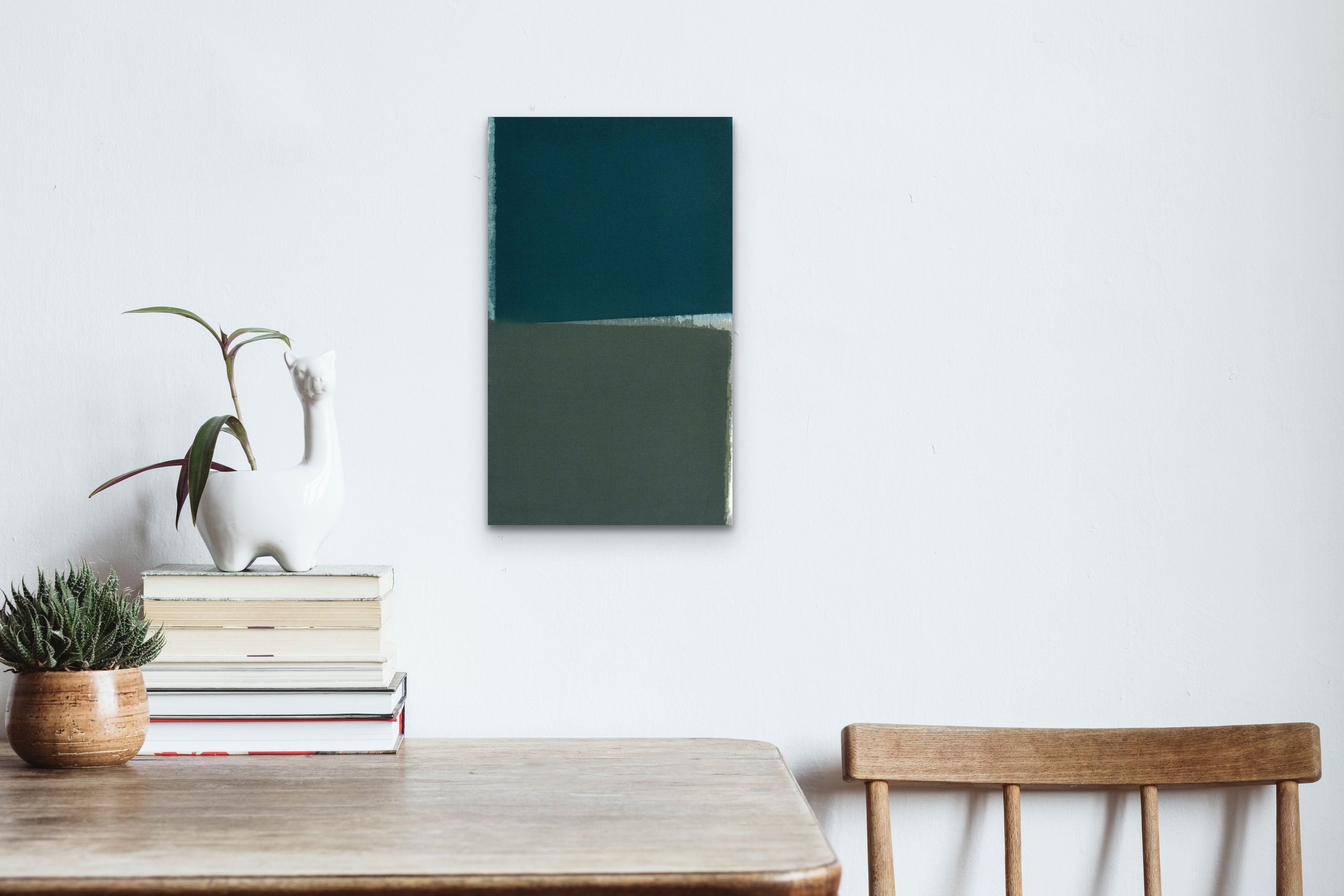 A painting with a dark blue and grey color scheme.