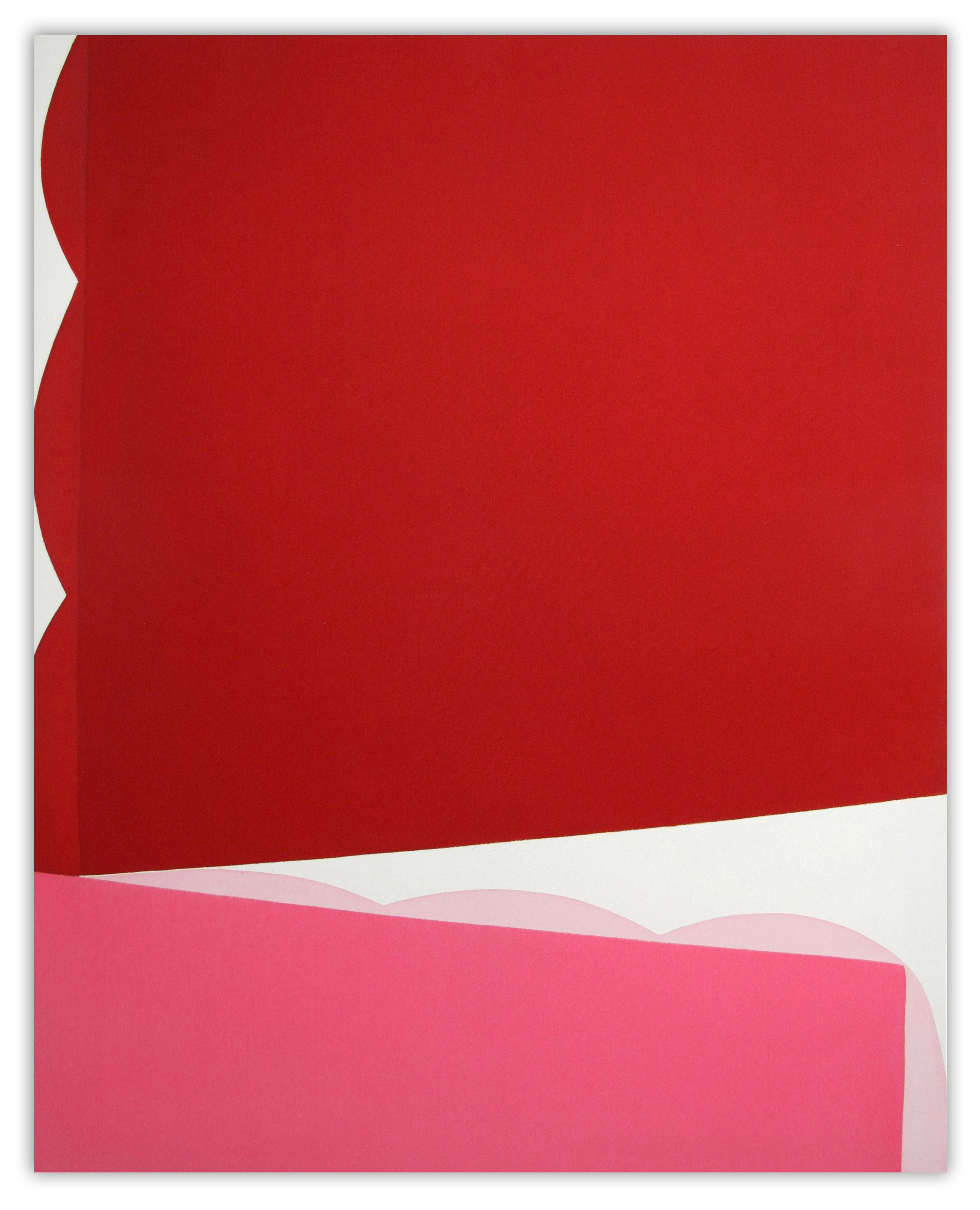 A red and pink painting on a white wall.