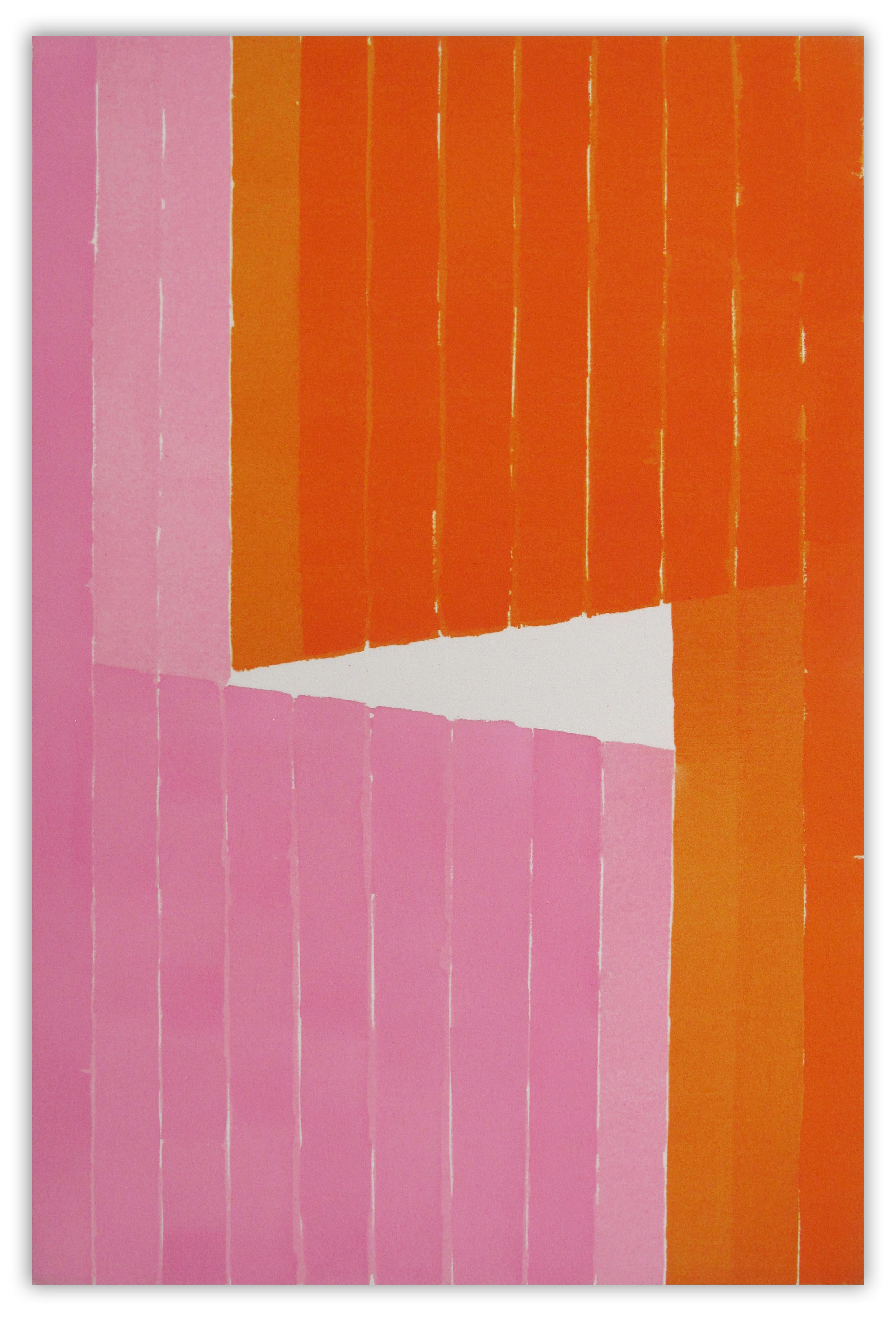 an orange and pink painting on a white wall