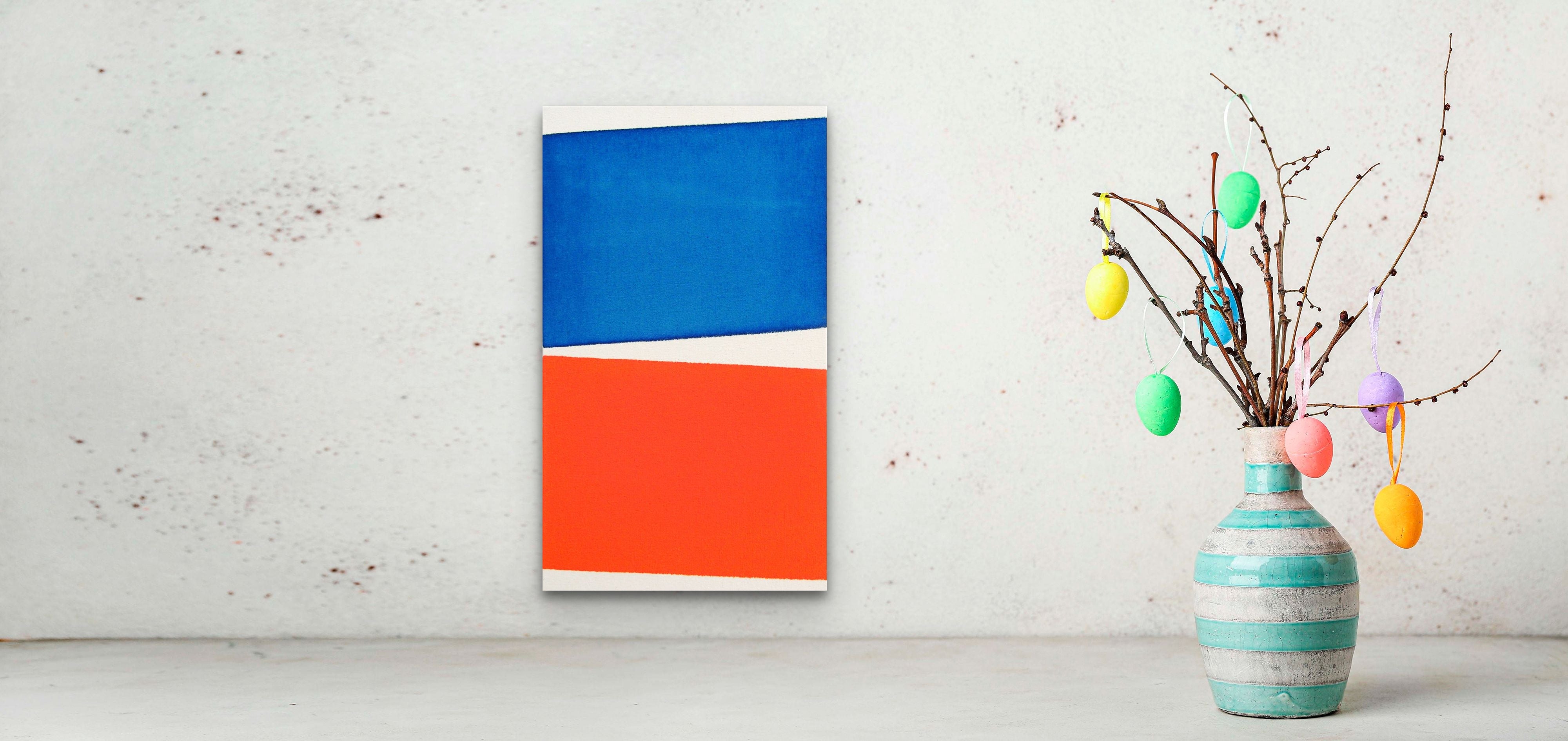 A blue and orange painting on a white background.