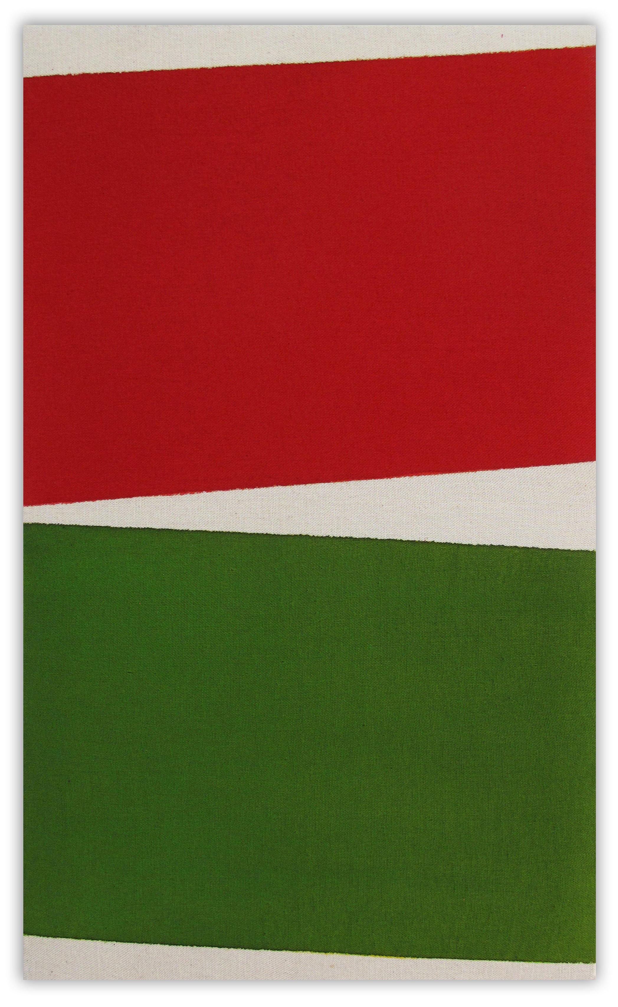 A red, white and green painting on a white background.