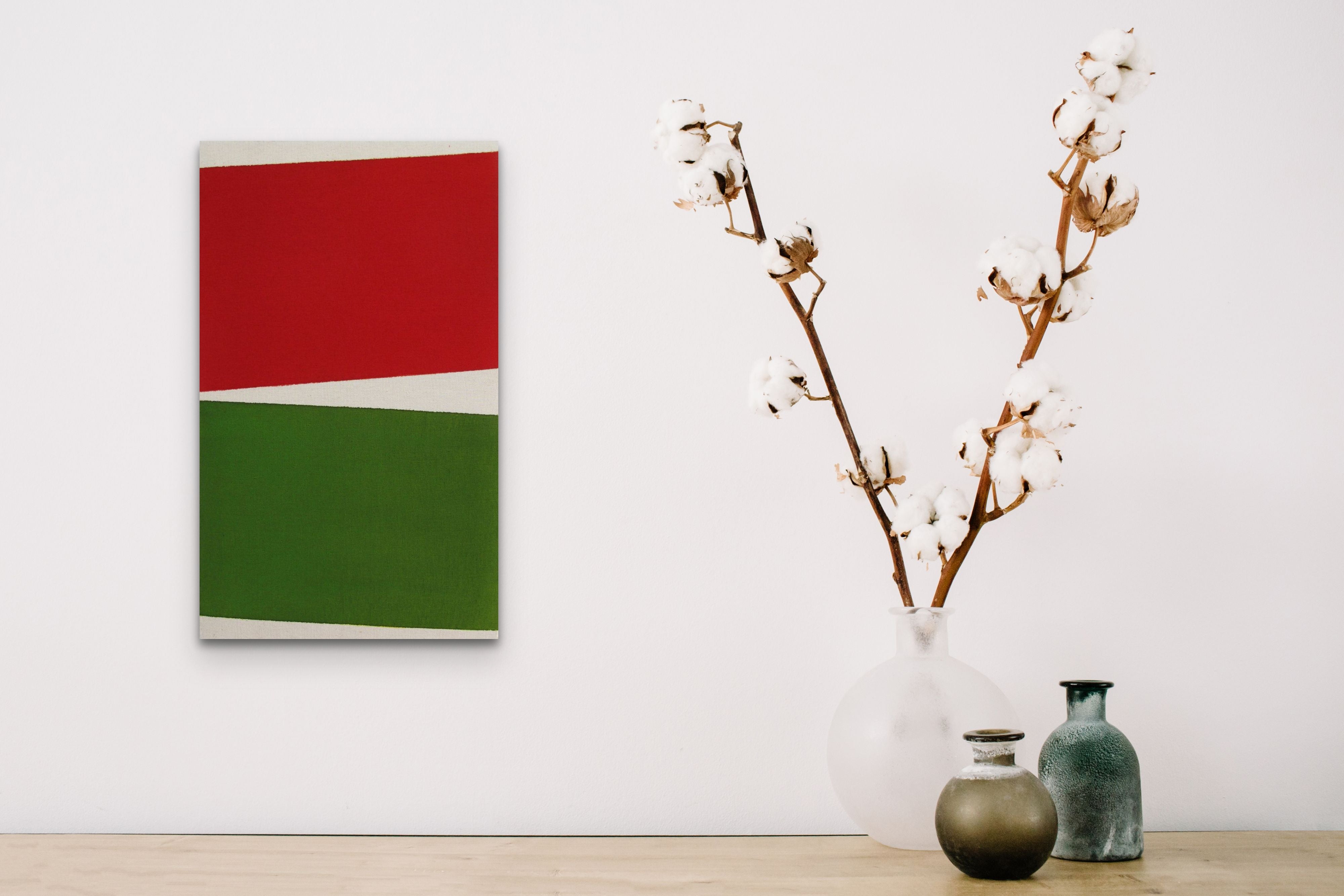 A red, white and green painting on a white background.