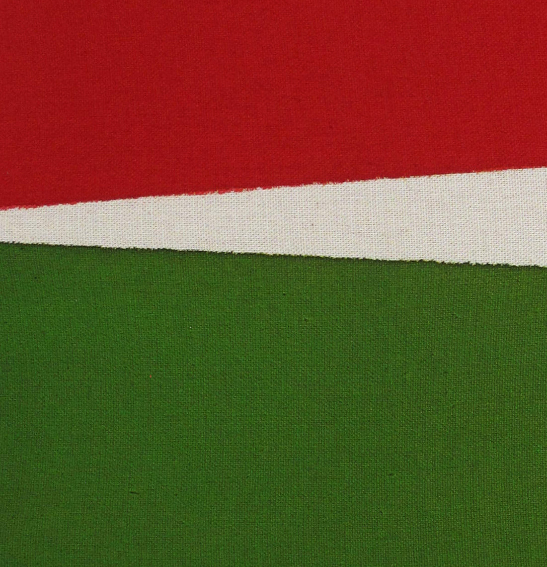 A red, white and green painting on a white background.