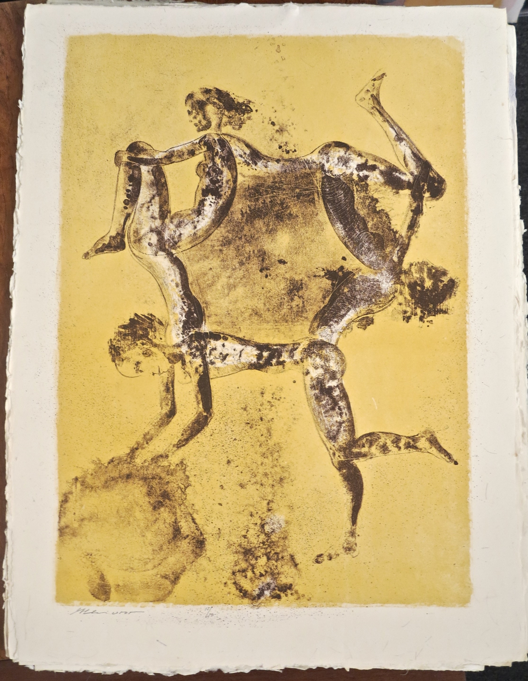 A drawing of two people on a yellow background.