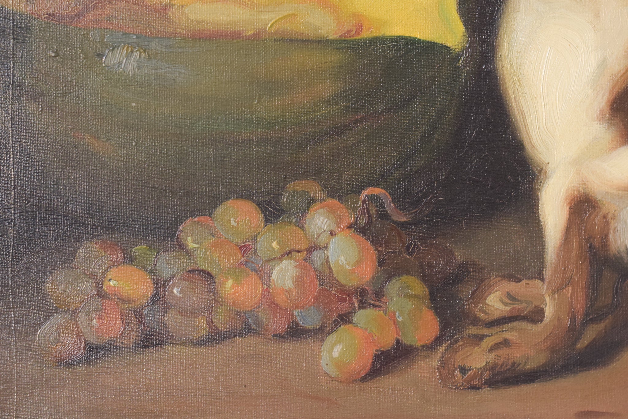 A painting of a rabbit hanging from a hook next to a bowl of fruit.