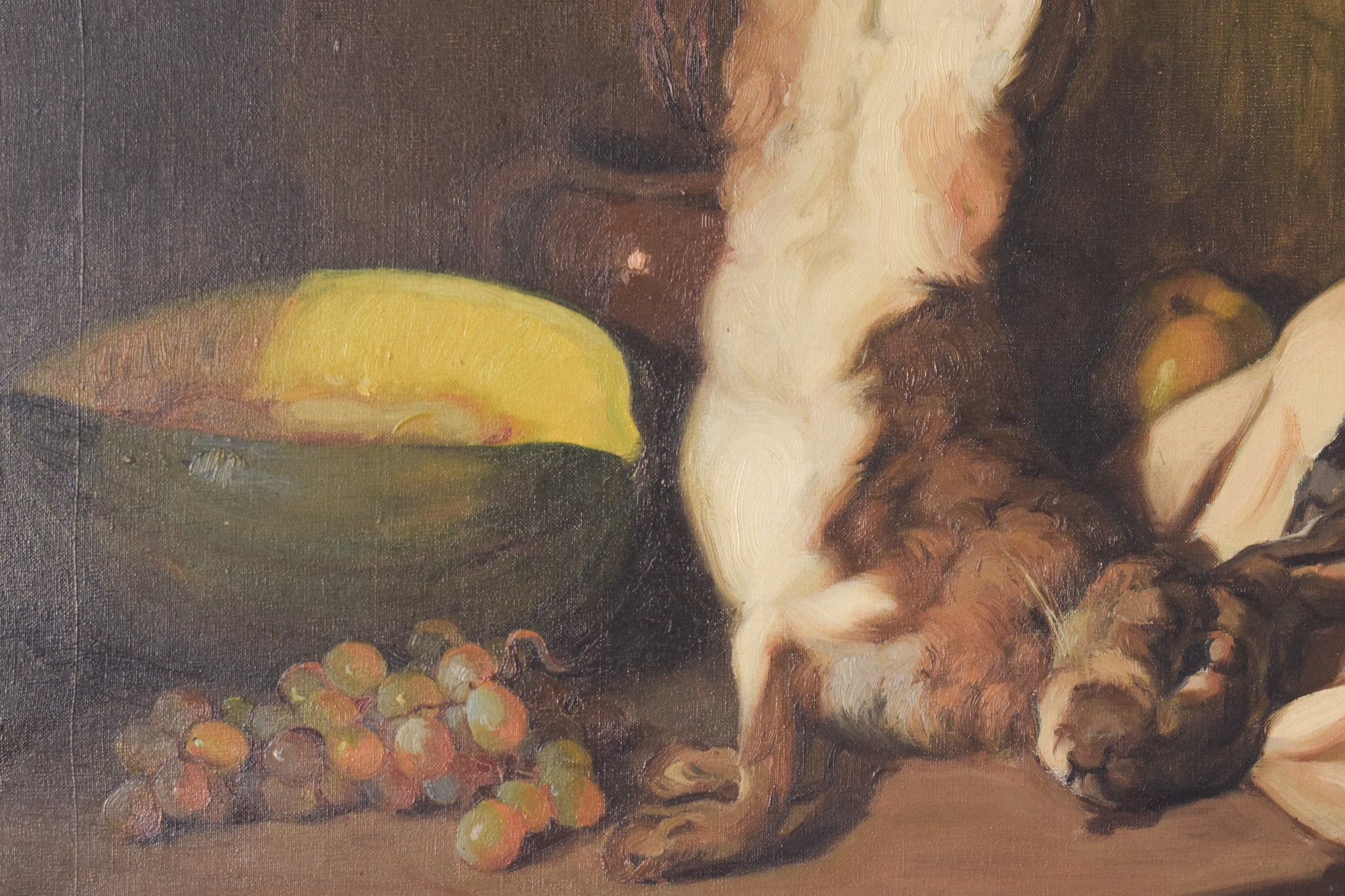 A painting of a rabbit hanging from a hook next to a bowl of fruit.