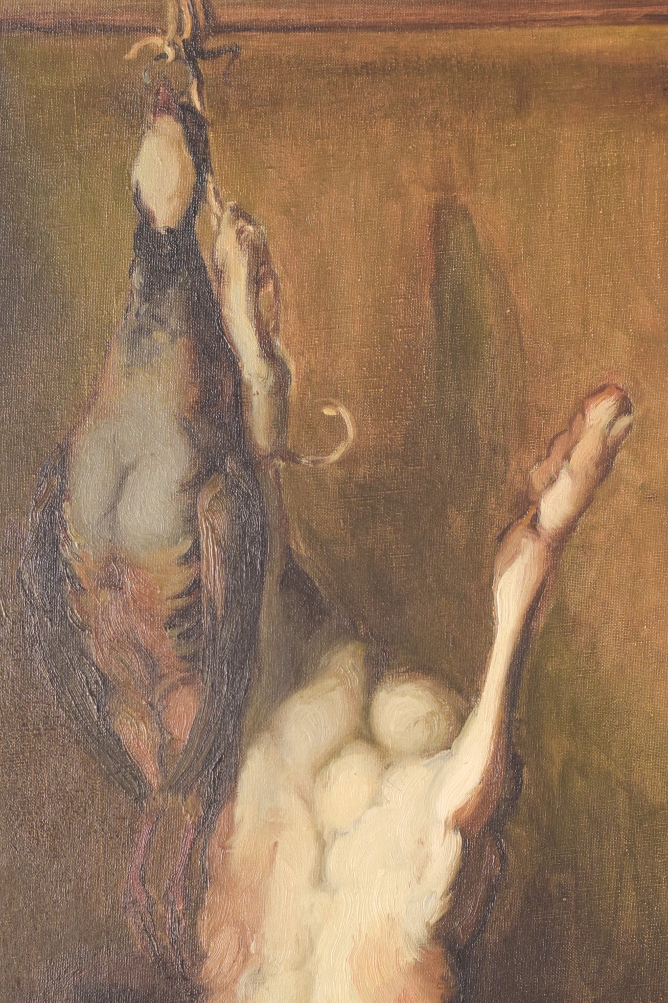 A painting of a rabbit hanging from a hook next to a bowl of fruit.