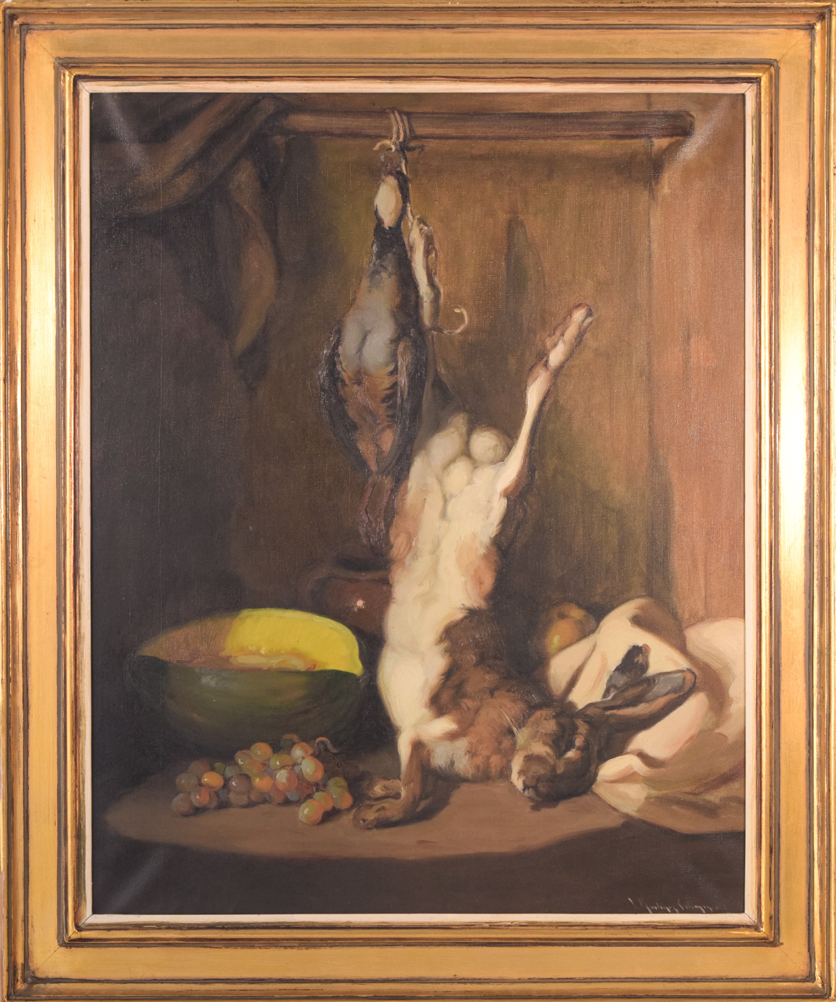 A painting of a rabbit hanging from a hook next to a bowl of fruit.