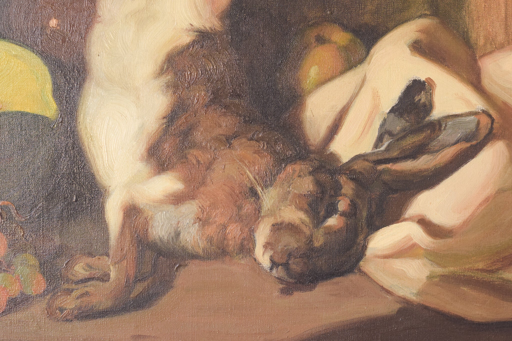 A painting of a rabbit hanging from a hook next to a bowl of fruit.